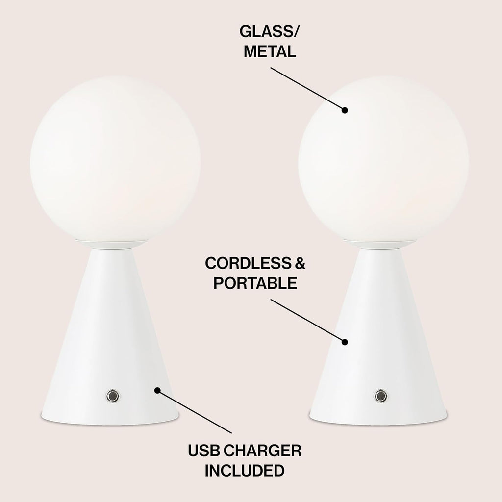 JONATHAN Y 11.75' White Macie Modern Globe Cordless Table Lamp Set of 2, Rechargeable Dimmable Integrated LED Touch Sensor Bedside Lamp, White Frosted Glass Shade (JYL7159E-SET2)