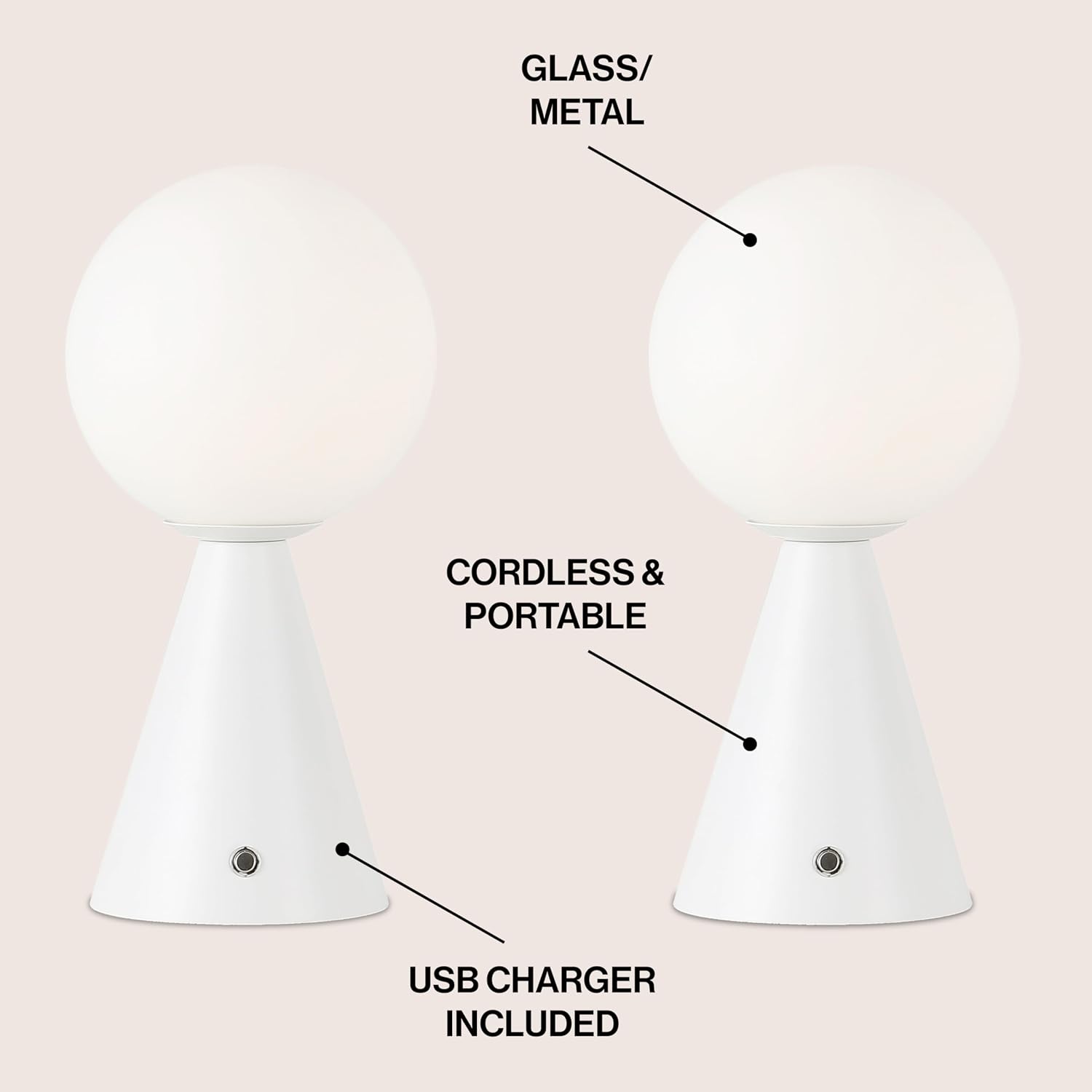 JONATHAN Y 11.75' White Macie Modern Globe Cordless Table Lamp Set of 2, Rechargeable Dimmable Integrated LED Touch Sensor Bedside Lamp, White Frosted Glass Shade (JYL7159E-SET2)
