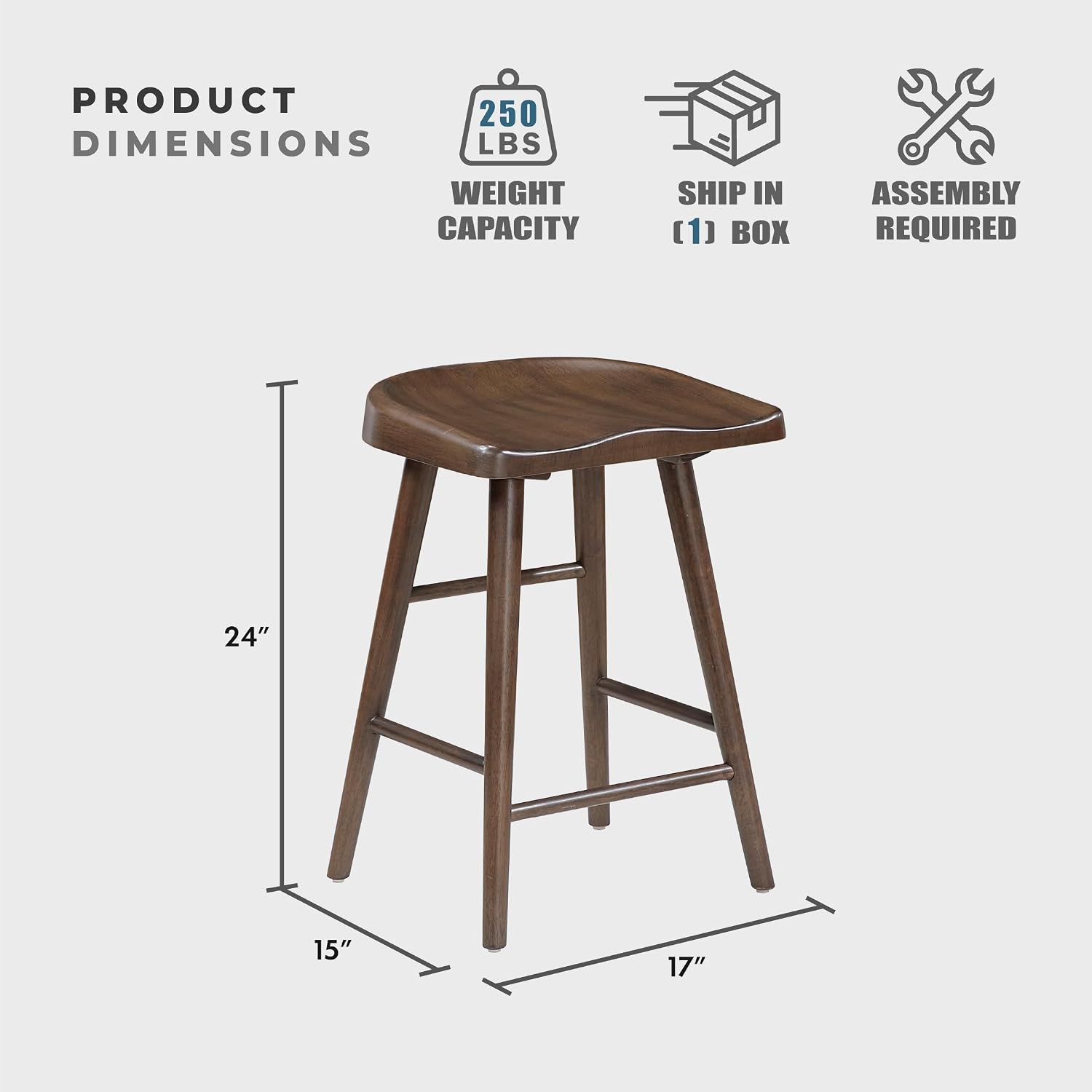 Lexicon Counter Height Stools Set of 2, Sturdy Acacia Wood Frame Saddle Seat Bar Chairs, Rustic Backless Kitchen Island Seating for Dining Room, Home Bar, Breakfast Nook, Brown