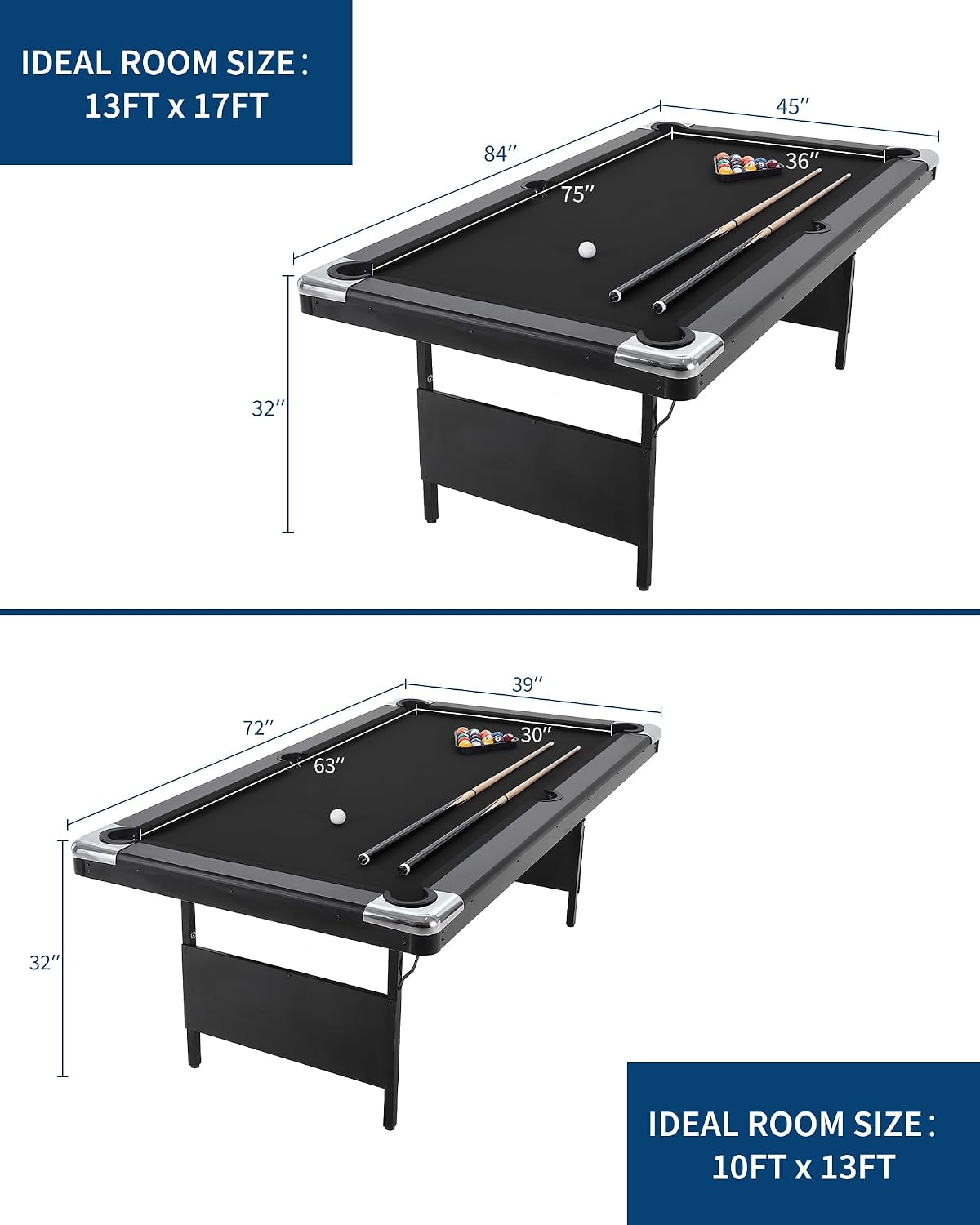 Garvee 6/7 Foot Pool Table, Folding Pool Table Includes Full Set of Billiard Balls, Portable Billiards Tables with 2 Cue Sticks, Chalk & Felt Brush for Family Game Room