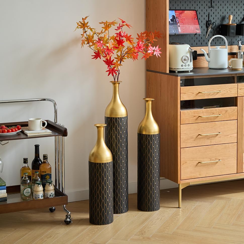 Floor Metal Decorated Vases Set of 3 for Gorgeous Home Decoration Large Glazed Metal Vases (Matte Black)
