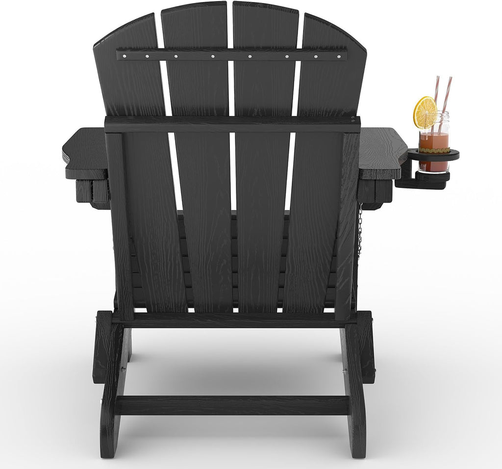 GarveeLife Folding Adirondack Chair Set of 2 with Side Table, All-Weather HDPE Outdoor Chair, Wooden Textured with Cup Holder for patios, Decks, Gardens, fire pits, Black