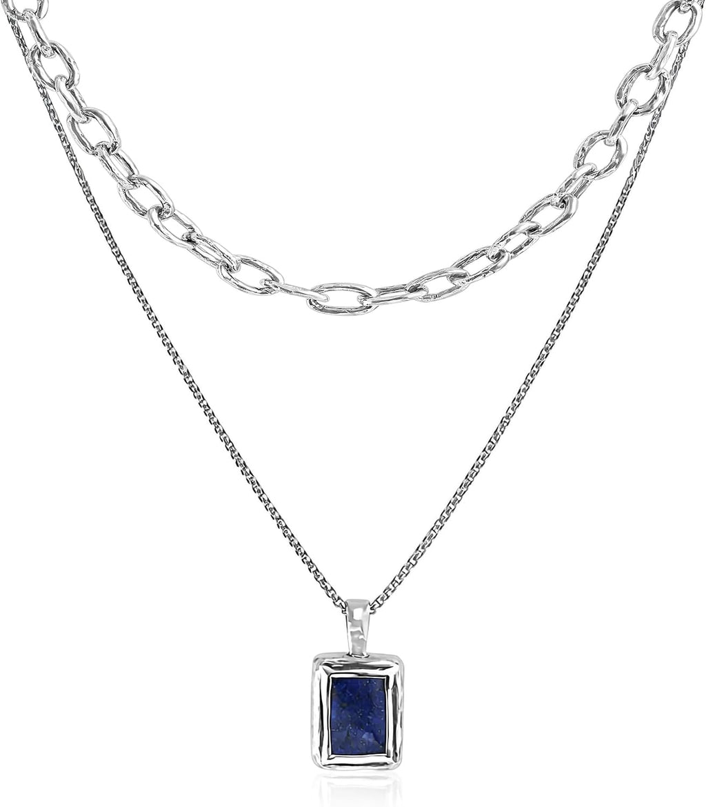 JEAN RACHEL JEWELRY Men's 2-Piece Necklace Layering Set - Solid 925 Sterling Silver Hammered Link Chain & Lapis Lazuli Beads - Curated Stack