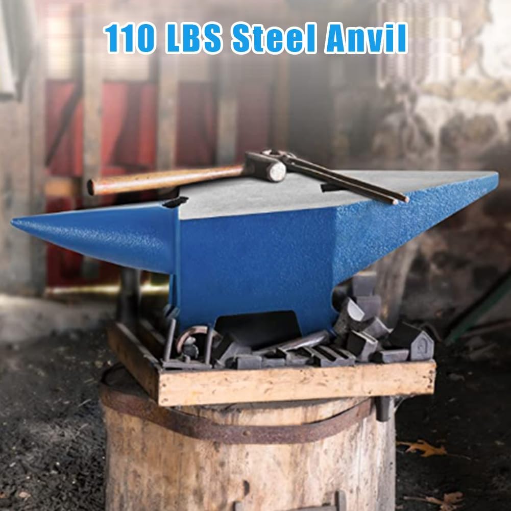 Single Horn Cast Steel Anvil for Blacksmiths – 110 lbs (50kg) Professional Metalworking Tool – Large 16.5 x 5.9 Inch Countertop, Stable Base – Bending, Shaping, Twisting – Blue, 110 lbs