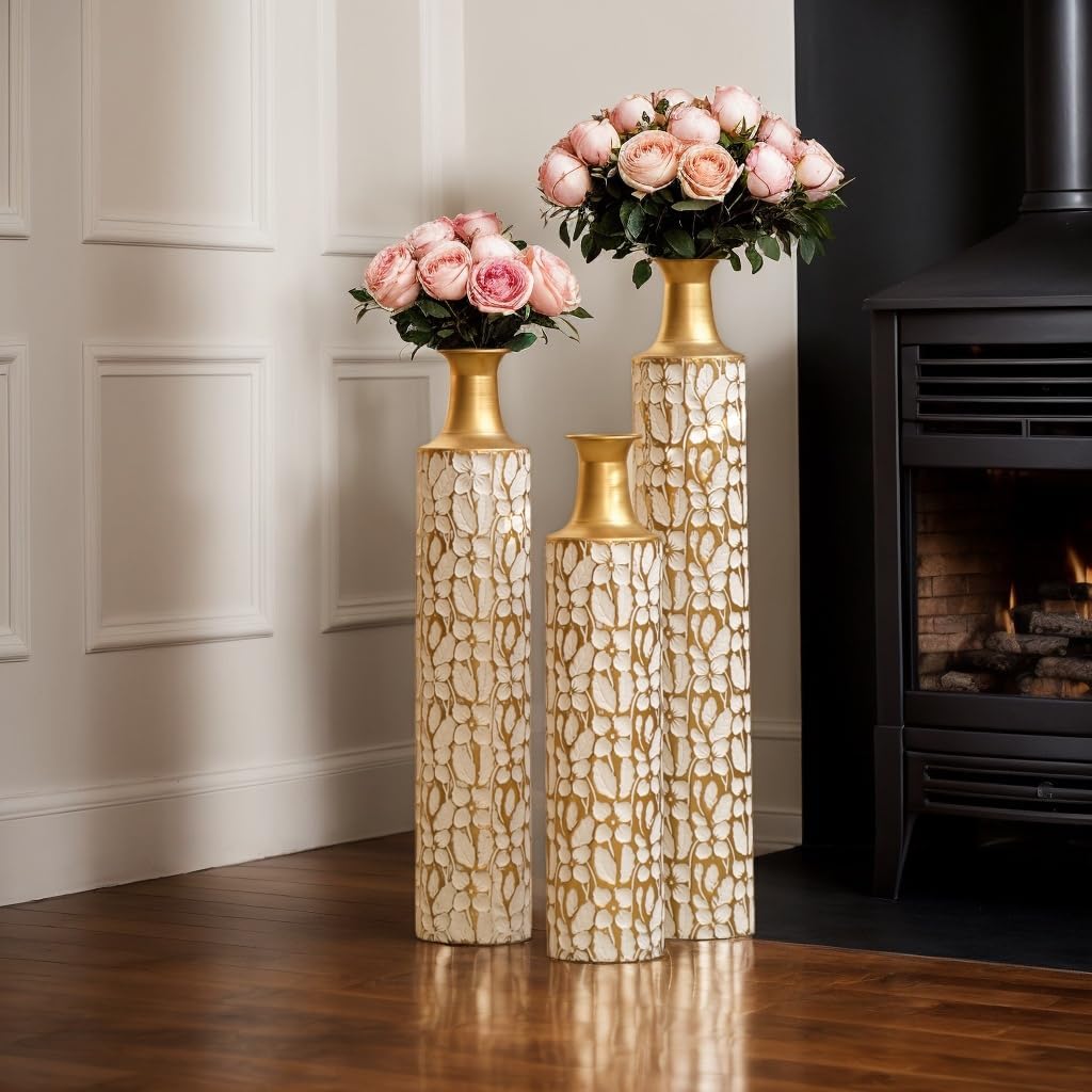 Floor Metal Decorated Vases Set of 3 for Gorgeous Home Decoration Large Glazed Metal Vases (Antique White)