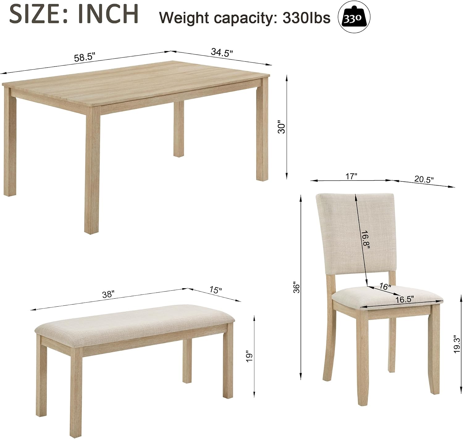 KEIKI 6-Piece Standard Height Dining Table Set with Rectangular Table, 4 Upholstered Chair, Bench, for 6 Person, Modern Style Wooden Table Set, Easy Assembly, for Kitchen, Dining Room, Light Oak