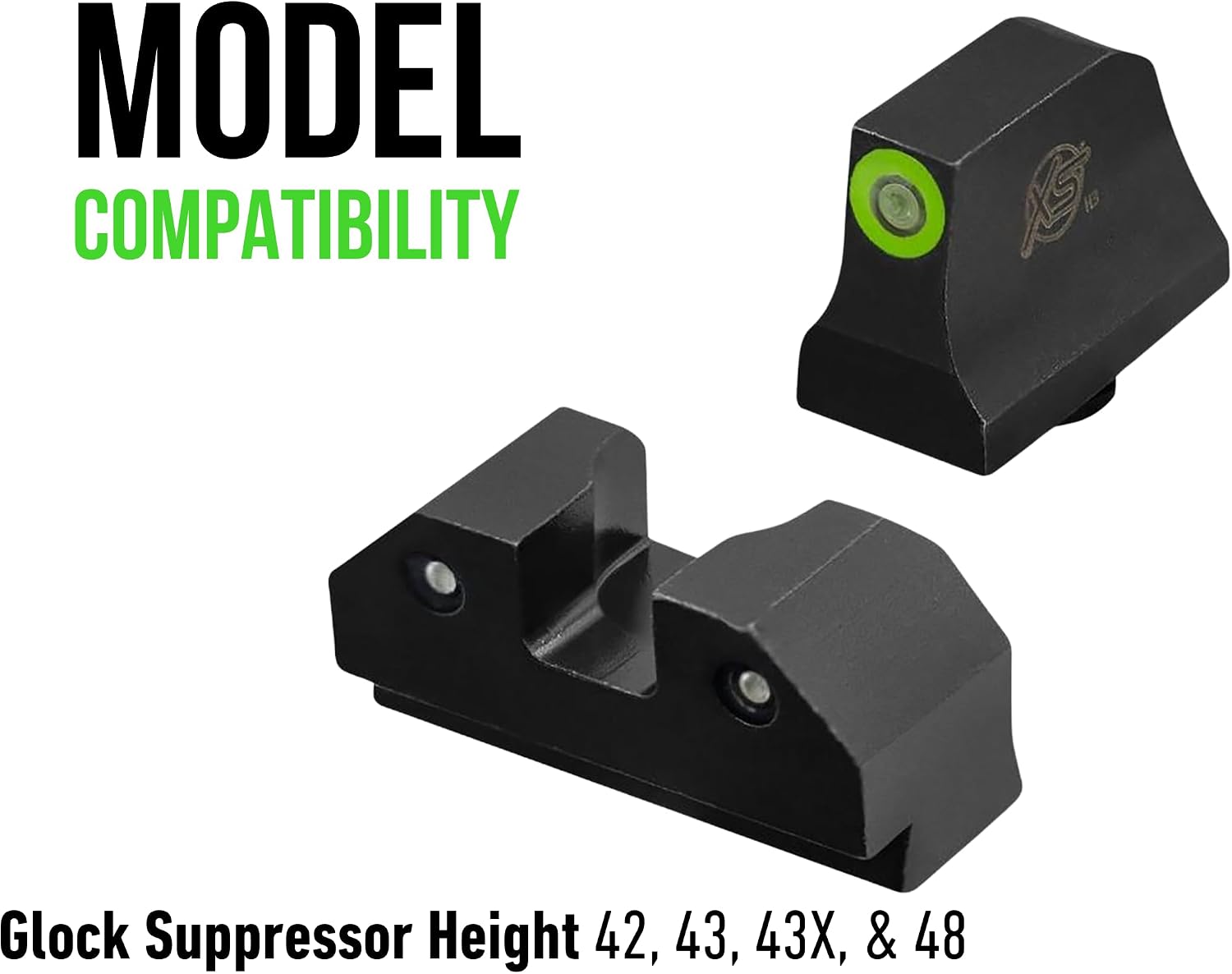 XS SIGHTS R3D Tritium Night Sight Green in Suppressor Height for Glock 42, 43, 43x, & 48 Gen 1-5, Front and Rear Glow in The Dark Tritium for Tactical Applications