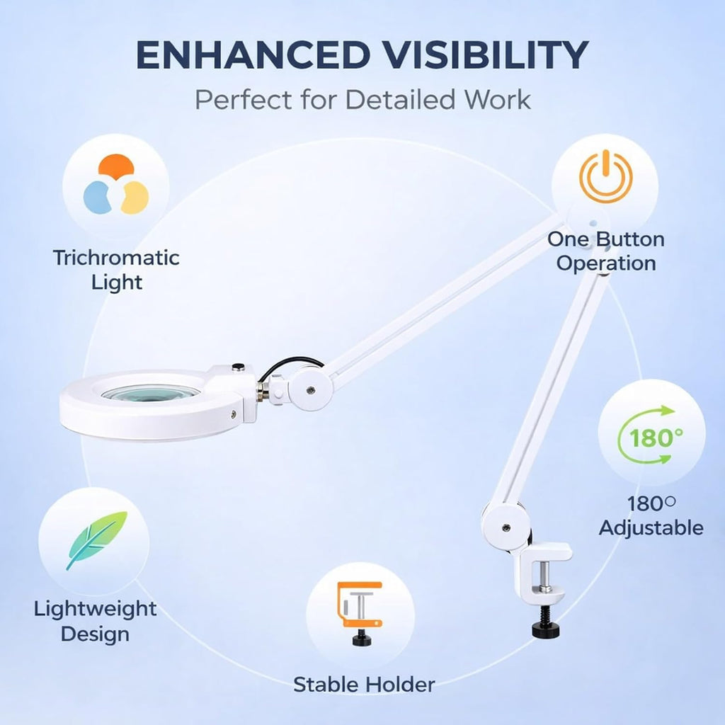 Magnifying Glass Magnifier with Light and Stand Lighted, 5X White Desk Lamp - Hands - Free Illumination, Adjustable Clamp Stand, Ideal for Reading and Craftwork