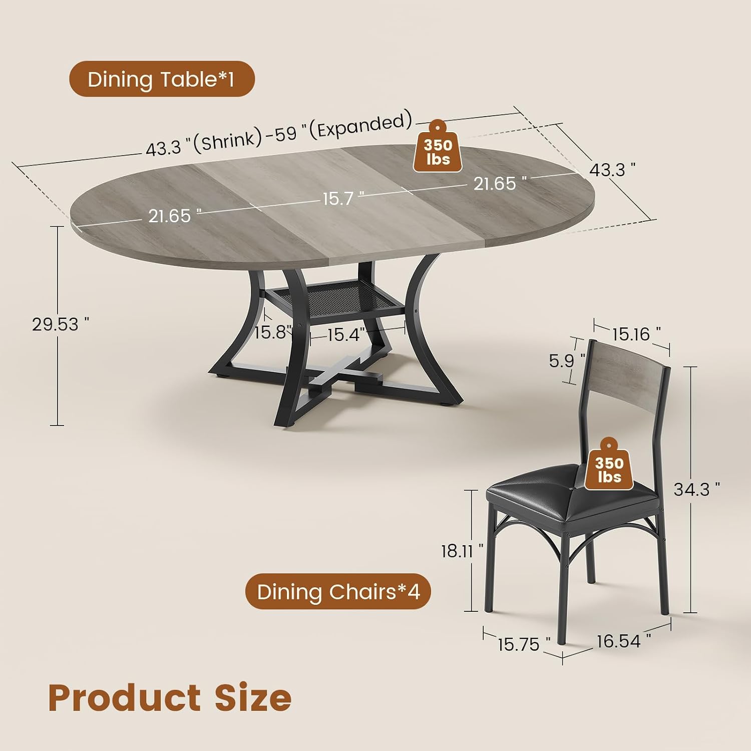 Itaar Round Extendable Dining Table Set for 4-6 People, 5-Piece Kitchen Table Set with 4 Cushion Chairs, Dining Room Table for 6 with MDF Board & Metal Frame for Small Space, Easy Clean, Grey