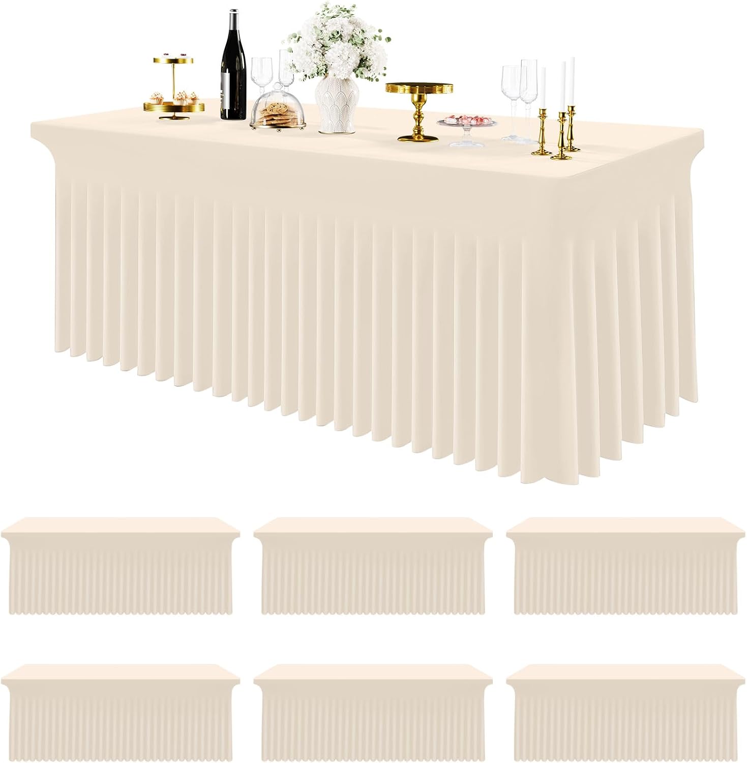 Smiry Spandex Tablecloth 6 Pack, Elastic Fitted Stretch Tablecloth for 6FT Rectangle Tables, Waterproof Washable Table Cover Skirt for Wedding, Banquet & Parties (Beige, 72Lx30Wx30H Inch)