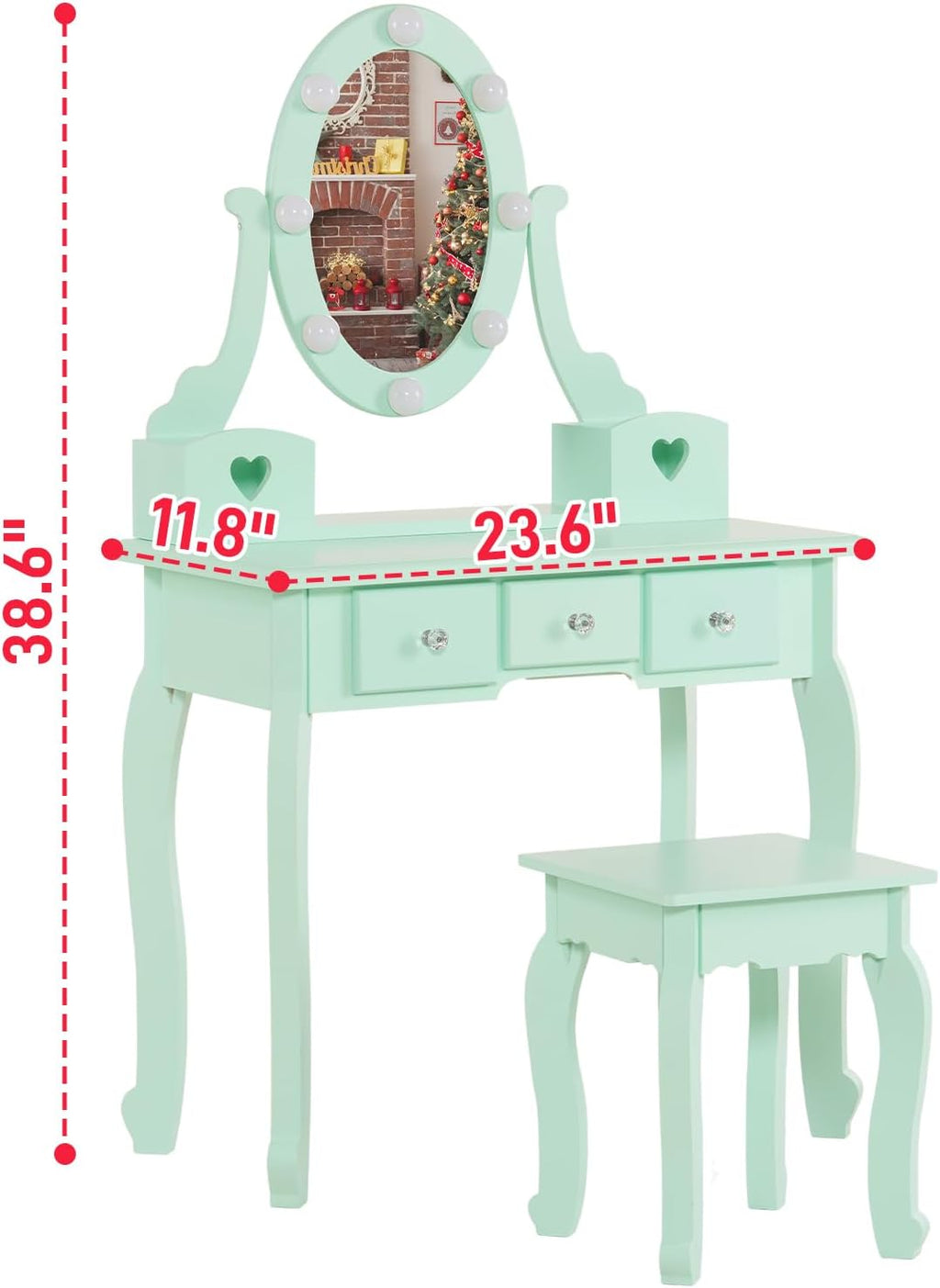 Karl home Kids Vanity Table and Chair Set, Princess MDF Dressing Table with 3-Color LED Lighted Mirror and 3 Drawers, Lovely Waved Design for Toddler's Bedroom and Playroom Decor, Macaroon Green