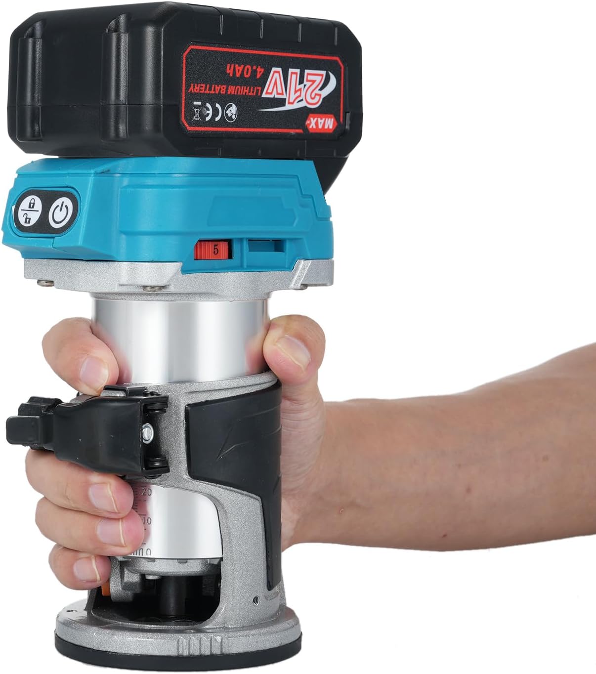 Trim Router with Brushless Motor 6 Variable Speeds 30000 RPM Compact Router for Woodworking with Metal Base Precise Scale Milling Cutter and 4.0Ah Batteries (US Plug & 1 Battery)