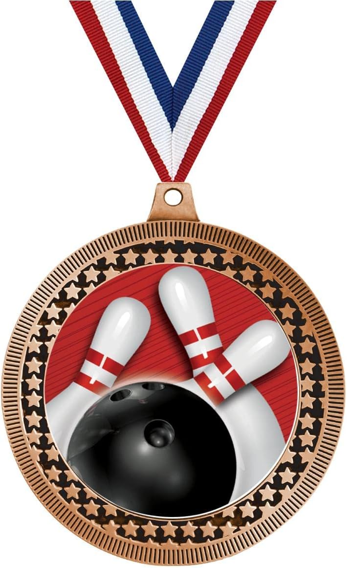 2.75' Bowling Red Stripes Medal Award, Bronze Vega Bowling Red Stripes Team Trophy Award Includes Free Neck Ribbon Prime