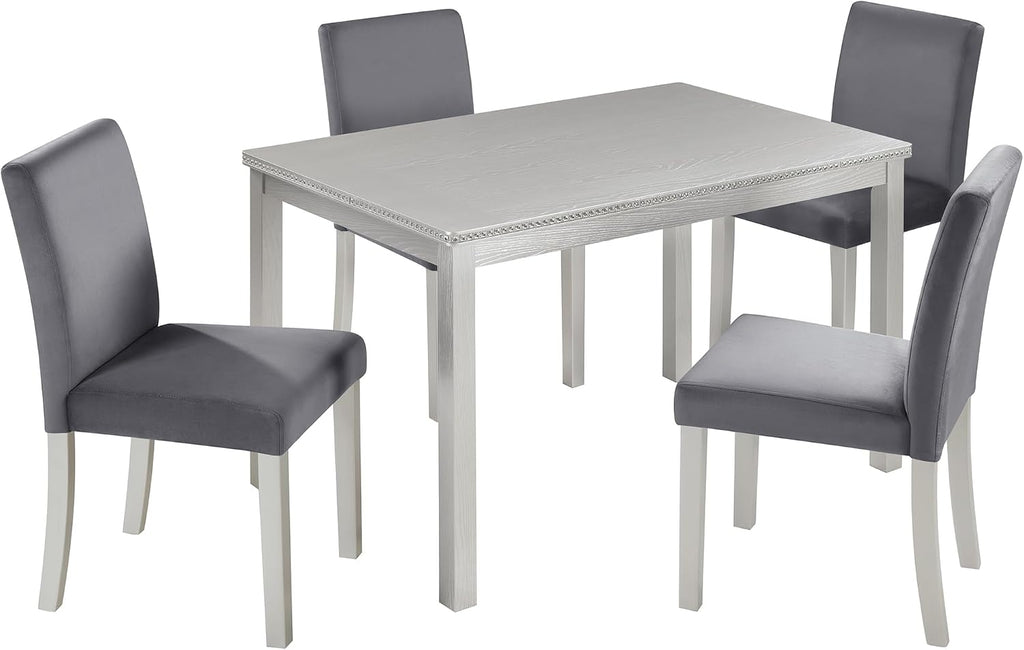 LUMISOL 5 Piece Wooden Dining Table Set, Farmhouse Kitchen Table Set with 4 Upholstered Chairs, Dining Room Table with Crystal Decoration and Chairs Set for Kitchen, Dining Room, Sliver Grey
