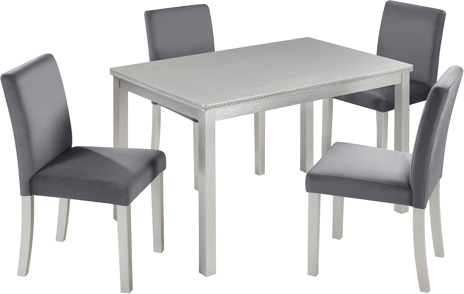 LUMISOL 5 Piece Wooden Dining Table Set, Farmhouse Kitchen Table Set with 4 Upholstered Chairs, Dining Room Table with Crystal Decoration and Chairs Set for Kitchen, Dining Room, Sliver Grey