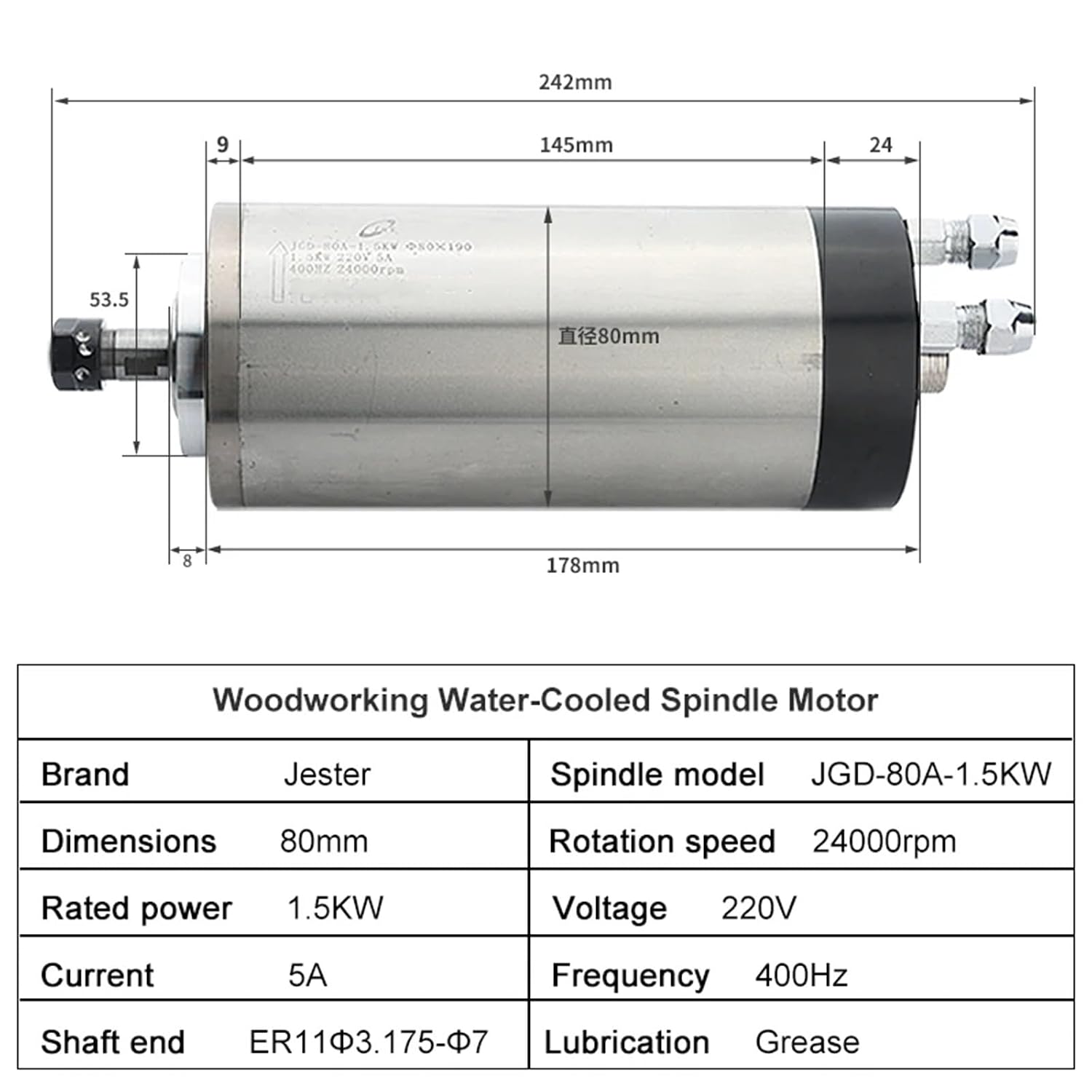 DIY Water-Cooled Motor 1.5KW ER11 Woodworking 220V 380V 4 Bearings for Router Engraving(1.5KW 380V)