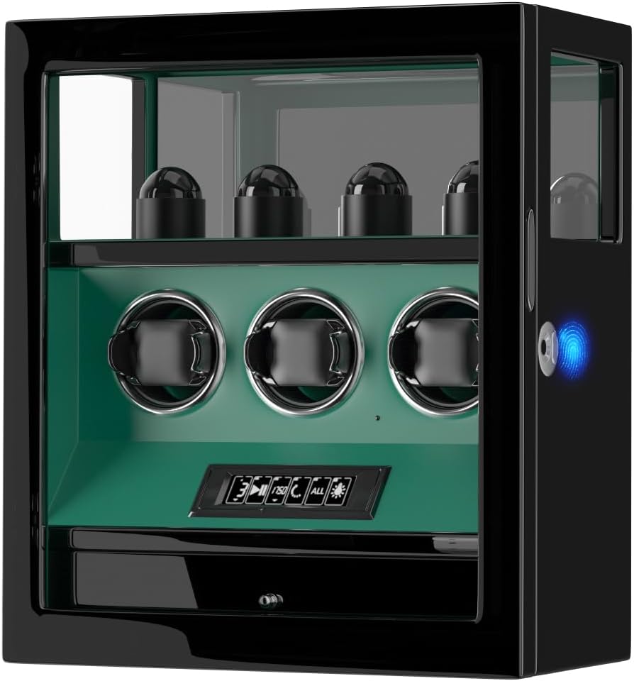 DUKWIN Watch Winder, Fingerprint Lock Automatic Watch Winder for 3/6/9 Watches with 4 Holders,300-2300 TPD,Digital Display, Remote Control,Jewelry Storage and Adjustable Watch Pillow and LED Light