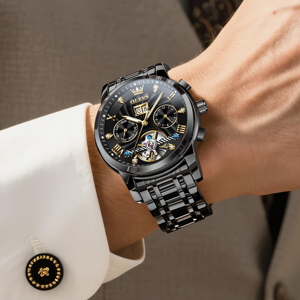 OLEVS Mens Watches Luxury Waterproof Luminous Easy Read Chronograph Watches Full Gold/White Dail/Black Face with Calendar Wrist Watches