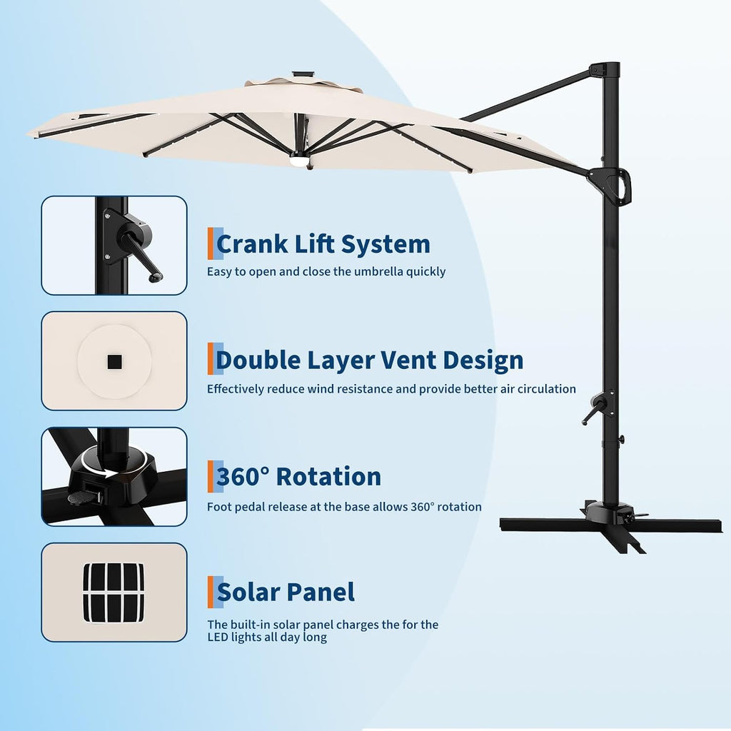 Garvee 10 ft Cantilever Patio Umbrella with Solar Lights, 360° Rotation Offset Umbrella, Easy Crank & Tilt Adjustment, UV Protection for Backyard, Poolside, Deck -Beige