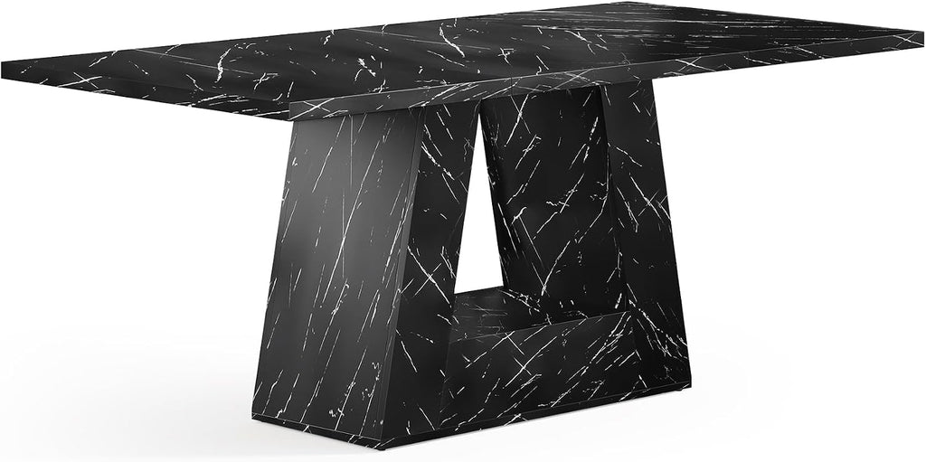 LITTLE TREE Dining Table for 4-6 People, 63 Inches Dining Room Table with Wooden Triangle Pedestal Base, Black Faux Marble Rectangle Dinner Kitchen Table for Dining Room, Kitchen, Living Room