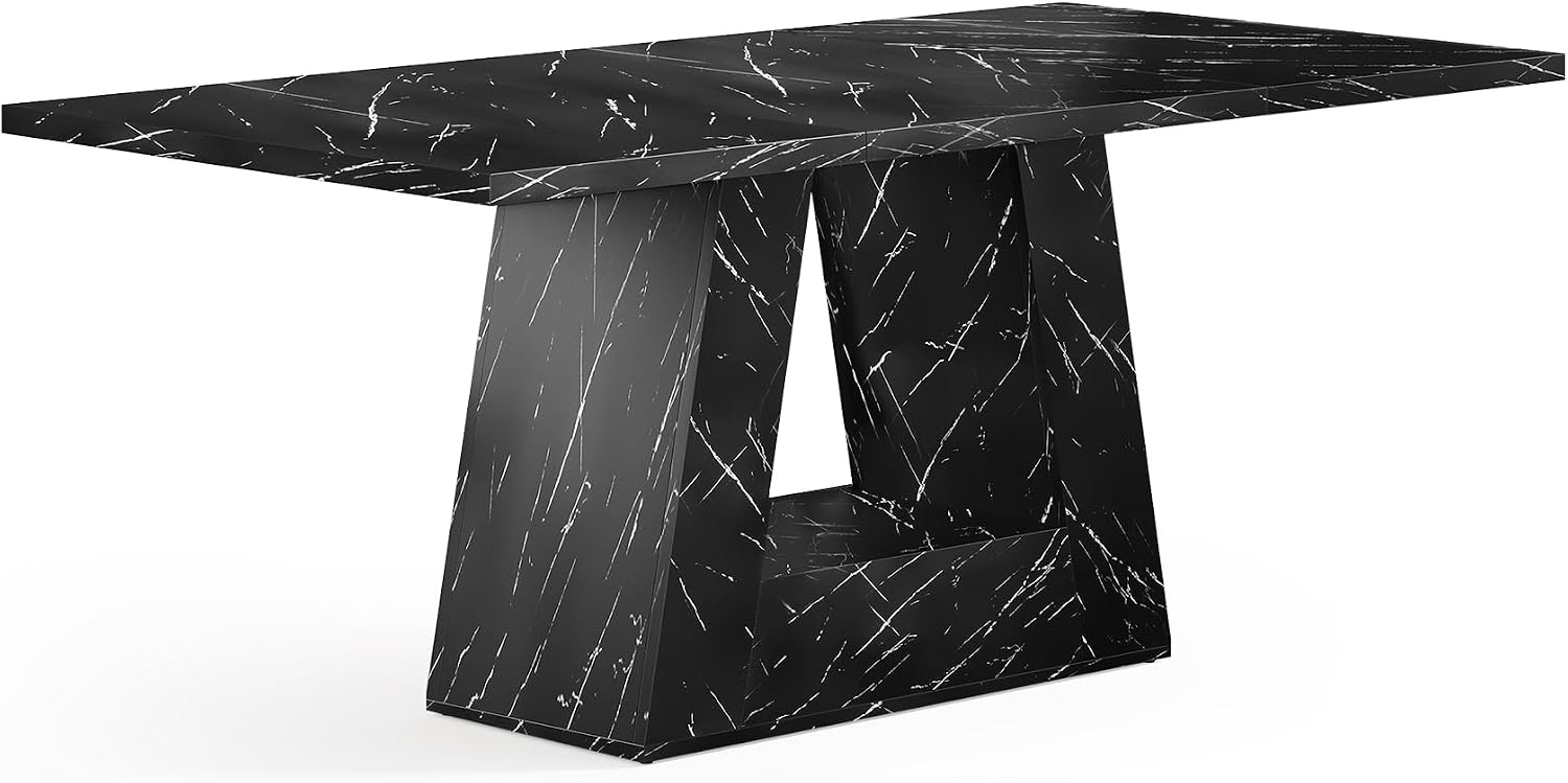 LITTLE TREE Dining Table for 4-6 People, 63 Inches Dining Room Table with Wooden Triangle Pedestal Base, Black Faux Marble Rectangle Dinner Kitchen Table for Dining Room, Kitchen, Living Room