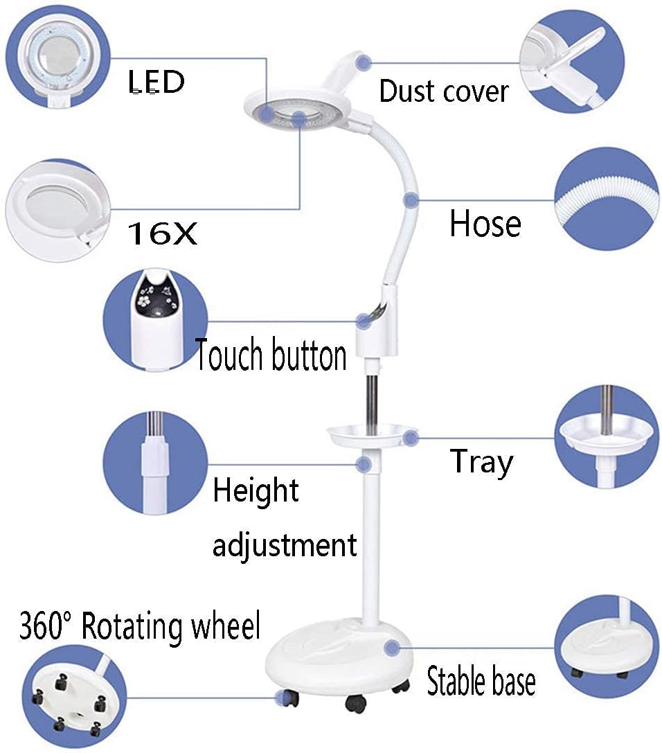 Magnifying Glass,Magnifier 16X Magnifier Lamp Floor Standing,Adjusting Light, Magnifying Light Adjustable Wheels,Storage Tray, for Skincare Beauty Nail Manicure Tattoo Salon and Home Use