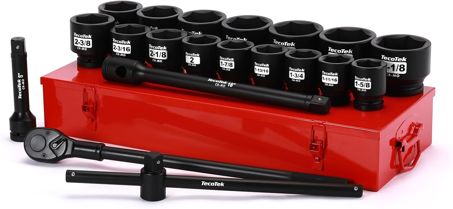 TecoTek 1' Drive Jumbo Shallow Impact Socket Set, 21-Piece Jumbo Assortment, SAE, 1-5/8 Inch to 3-1/8 Inch, CR-MO Steel, Ratchet, Extension Bar and Metal Case