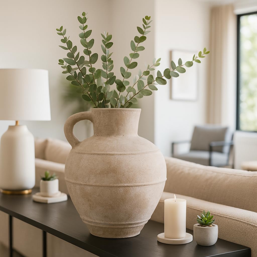 Elegant Pottery Jug Vase with Handle for Living Room Decor and Home Accents - Decorative Flower Vase for Room, Bedroom, or Office Display - Elevates House and Table Styling - 22', Ivory & Tan