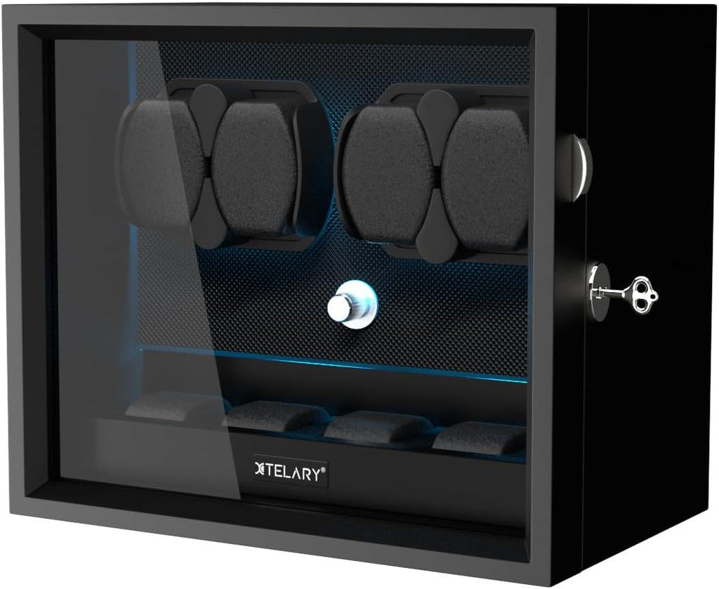 XTELARY Lockable Automatic Watch Winder - 4/6/8/12 Watch Storage, 4 Rotation Modes, Quiet Motor, Backlight