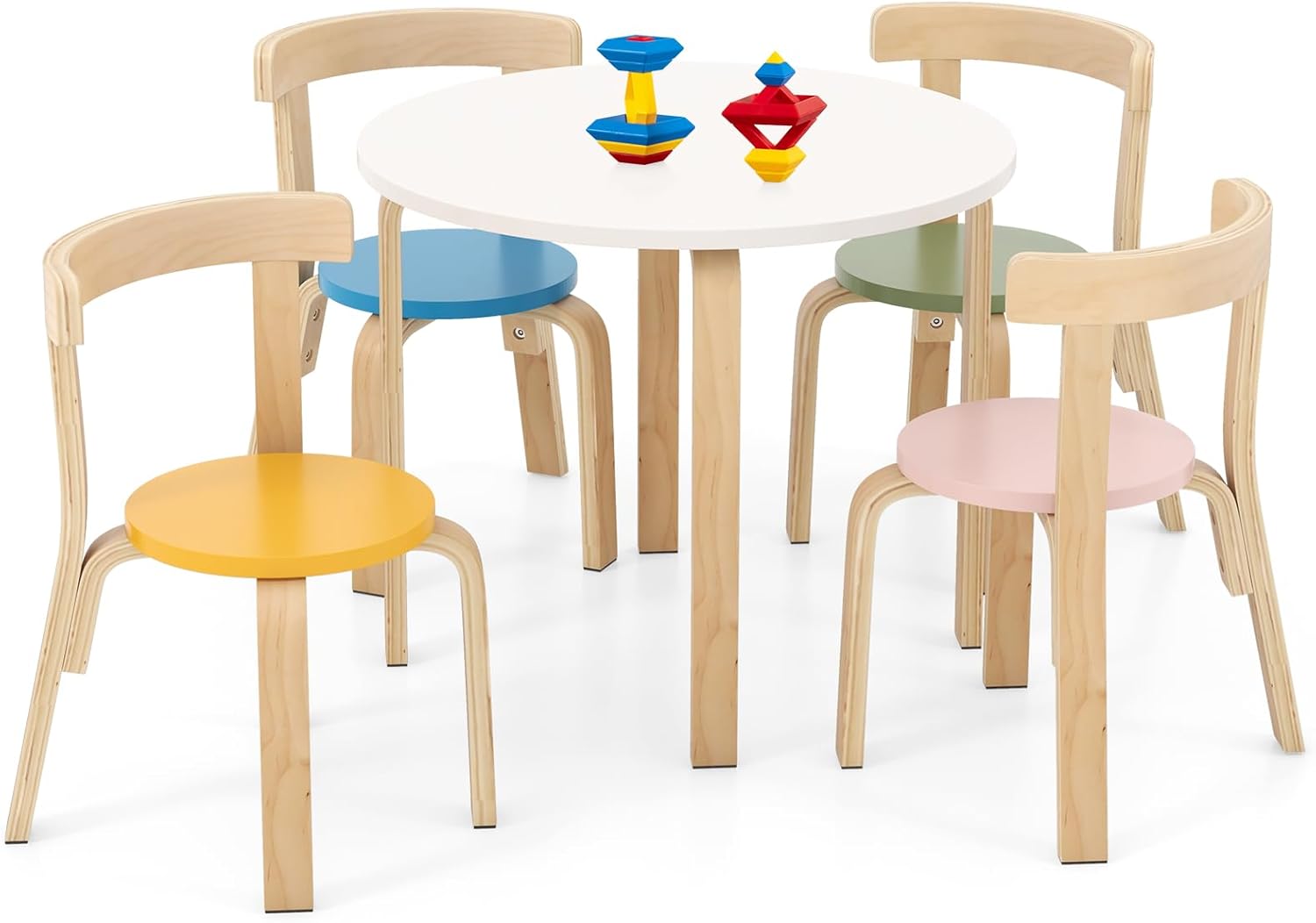 HONEY JOY Kids Table and Chair Set, Bentwood Toddler Round Table and 4 Chairs for Craft Art, Building Block, 5-Piece Children Furniture Set for Daycare, Kindergarten, Playroom (Colorful)