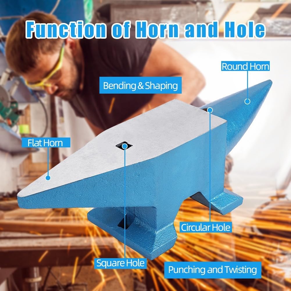 Single Horn Cast Steel Anvil for Blacksmiths – 110 lbs (50kg) Professional Metalworking Tool – Large 16.5 x 5.9 Inch Countertop, Stable Base – Bending, Shaping, Twisting – Blue, 110 lbs