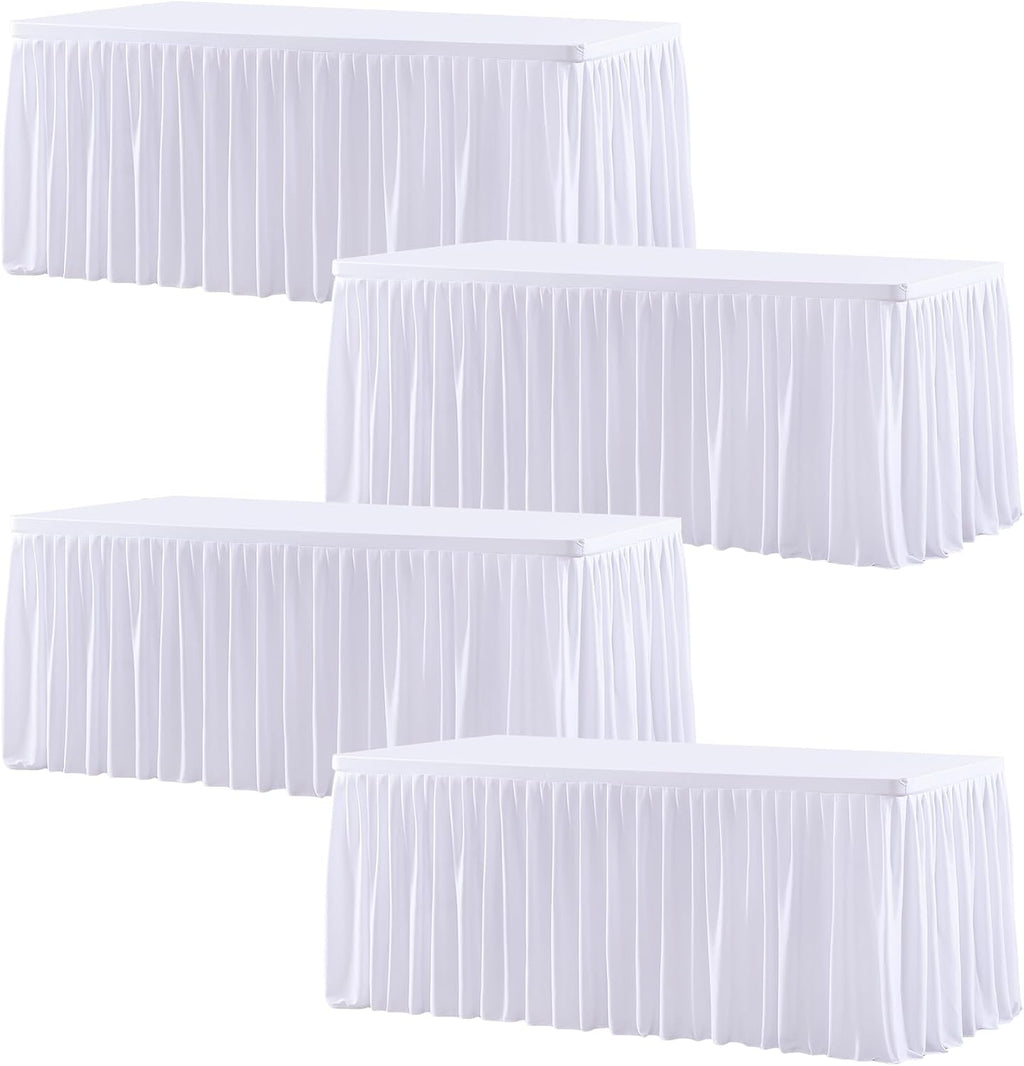 Wish Care 4 Pack White Rectangle Table Clothes for 8 Foot Tables, Polyester Fitted Tablecloths 8ft Stretch Table Cover for Wedding, Birthday, Parties, Trade Show, Craft Show