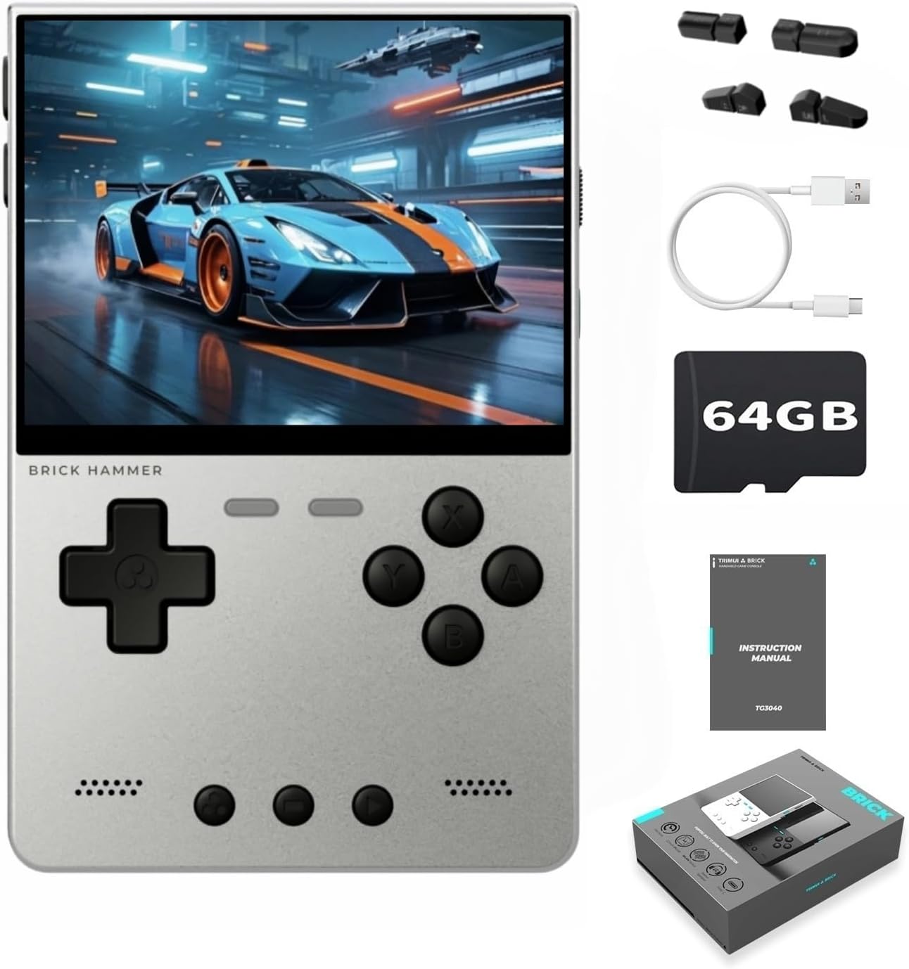 TRIMUI Brick Hammer Retro Handheld Game Console – Metal CNC Aluminum Alloy Body, 3.2' IPS Screen, 8GB Storage, Expandable to 1TB, Built-in 3000mAh Battery Silver-64G