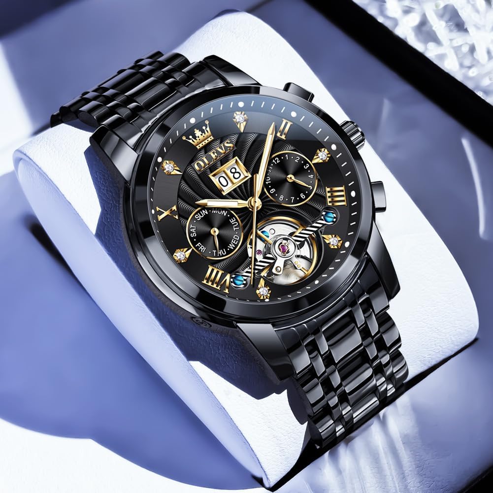 OLEVS Mens Watches Luxury Waterproof Luminous Easy Read Chronograph Watches Full Gold/White Dail/Black Face with Calendar Wrist Watches