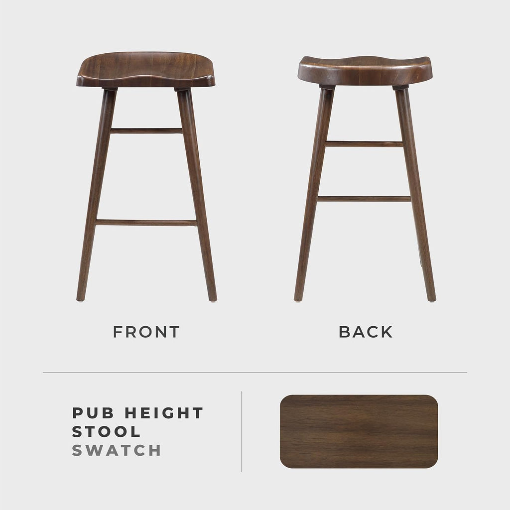 Lexicon Bar Height Stools Set of 2, Sturdy Acacia Wood Frame Saddle Seat Bar Chairs, Rustic Backless Kitchen Island Seating for Dining Room, Breakfast Nook, Brown