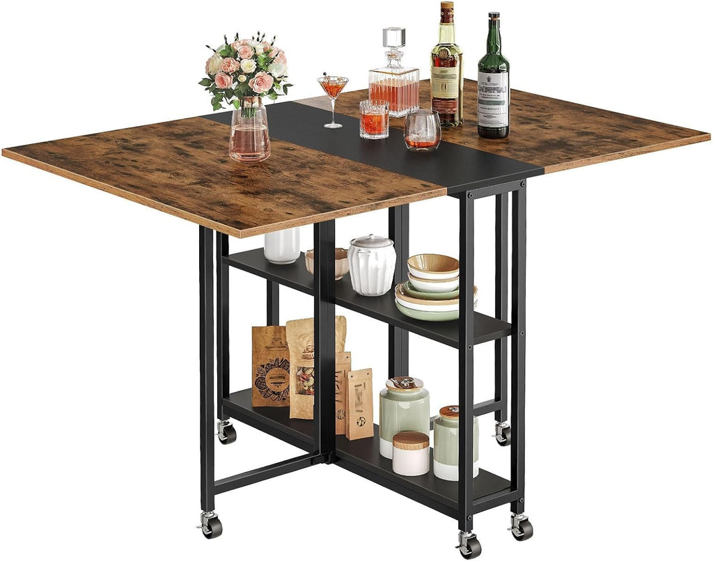 CHOEZON Folding Dining Table, Movable Dining Table, Expandable Kitchen Table, Versatile Table with 6 Wheels and 2-Tier Shelf, for Dining, Living Room, Apartment, Rustic Brown TCZ01BF