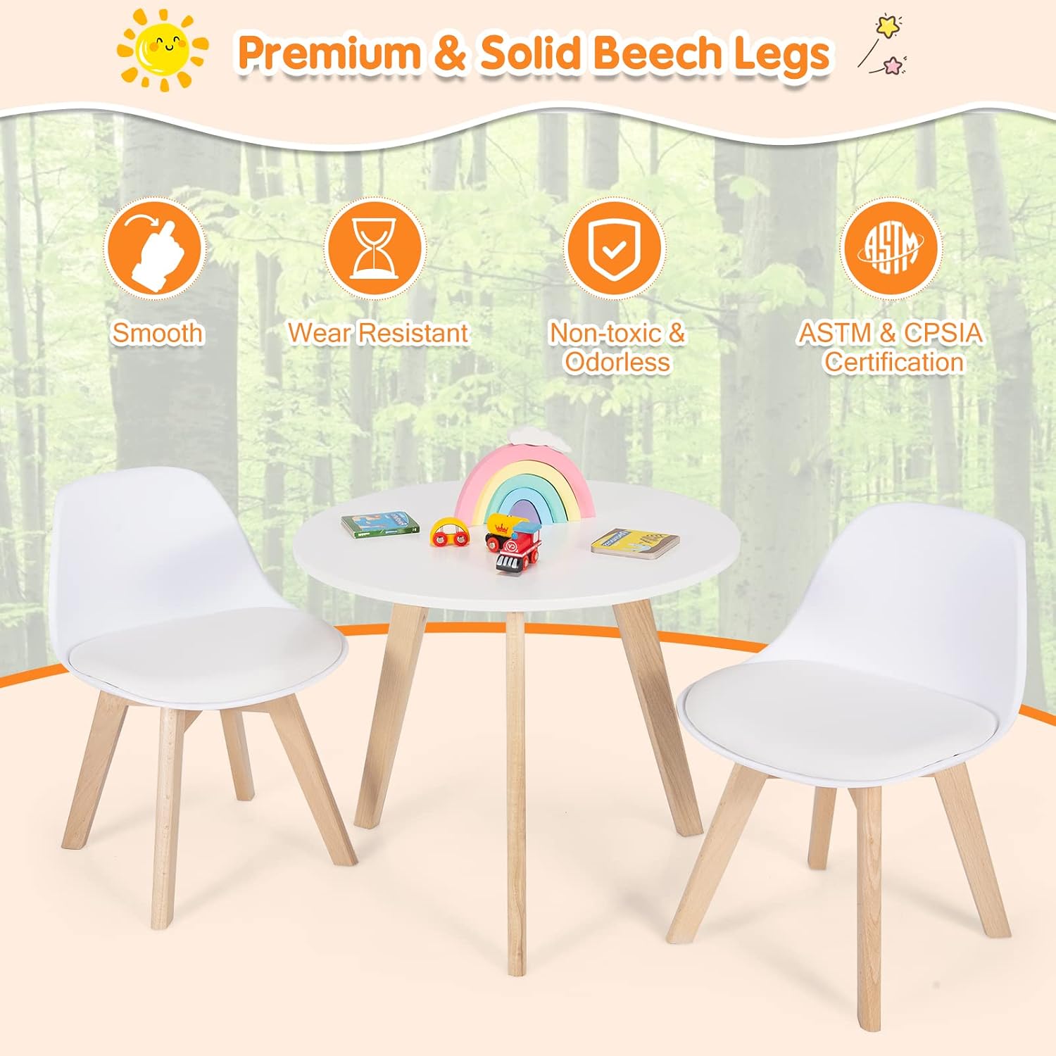 Costzon Kids Table and Chair Set, 3 PCS Wood Activity Play Table w/Padded Seat & Wood Legs for Arts, Crafts, Reading, Preschool, Kindergarten, Playroom, Mid Century Modern Toddler Table and Chairs