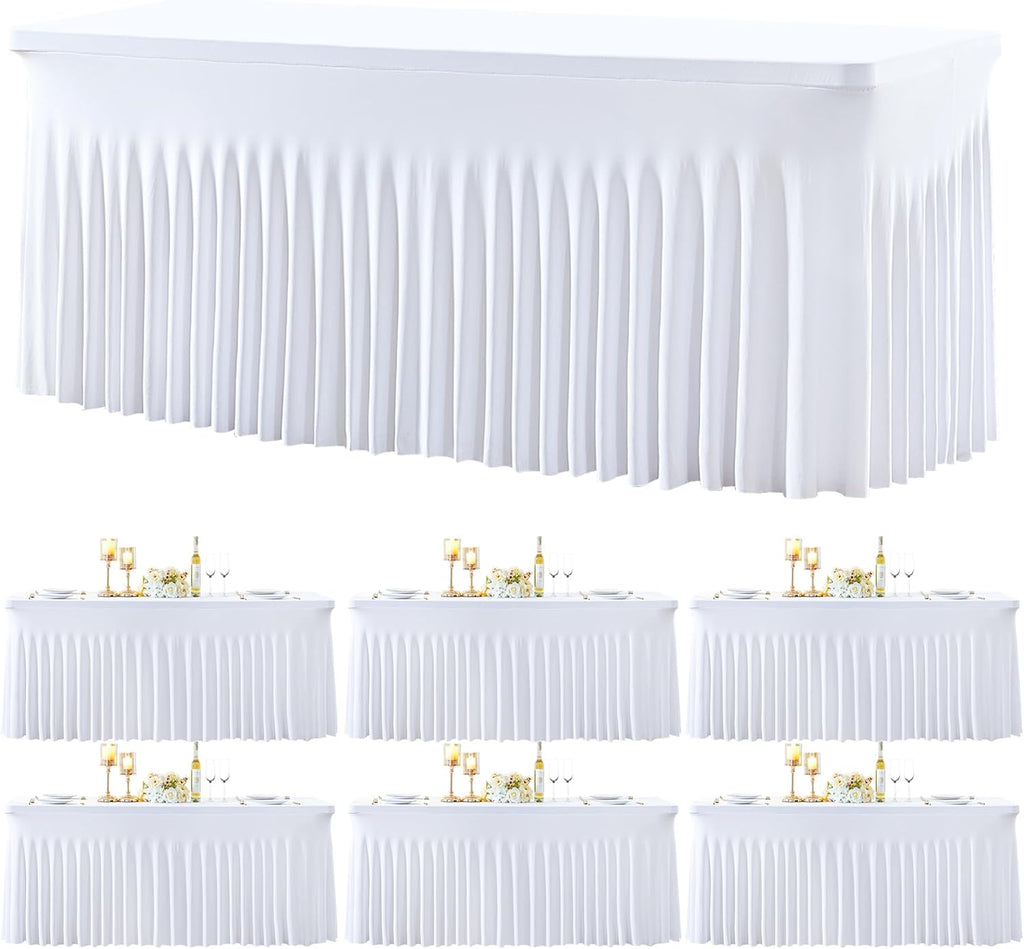 gogoparti 6 Pack Spandex White Fitted Table Cloth for 8ft Rectangle Tables White Stretch Tablecloth Table Covers Skirt Banquet Wrinkle Free Tablecloths for Parties Wedding