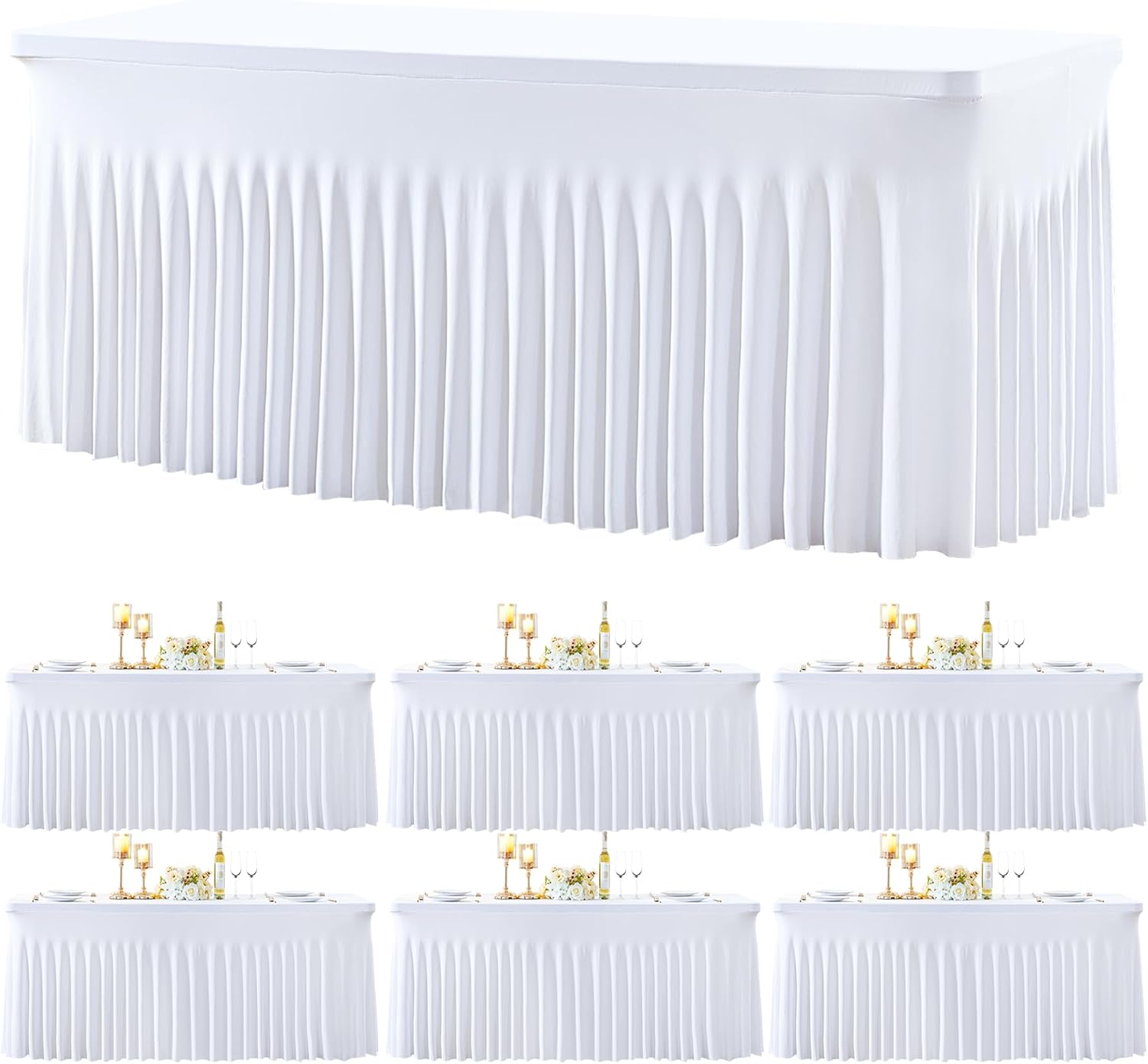 gogoparti 6 Pack Spandex White Fitted Table Cloth for 8ft Rectangle Tables White Stretch Tablecloth Table Covers Skirt Banquet Wrinkle Free Tablecloths for Parties Wedding