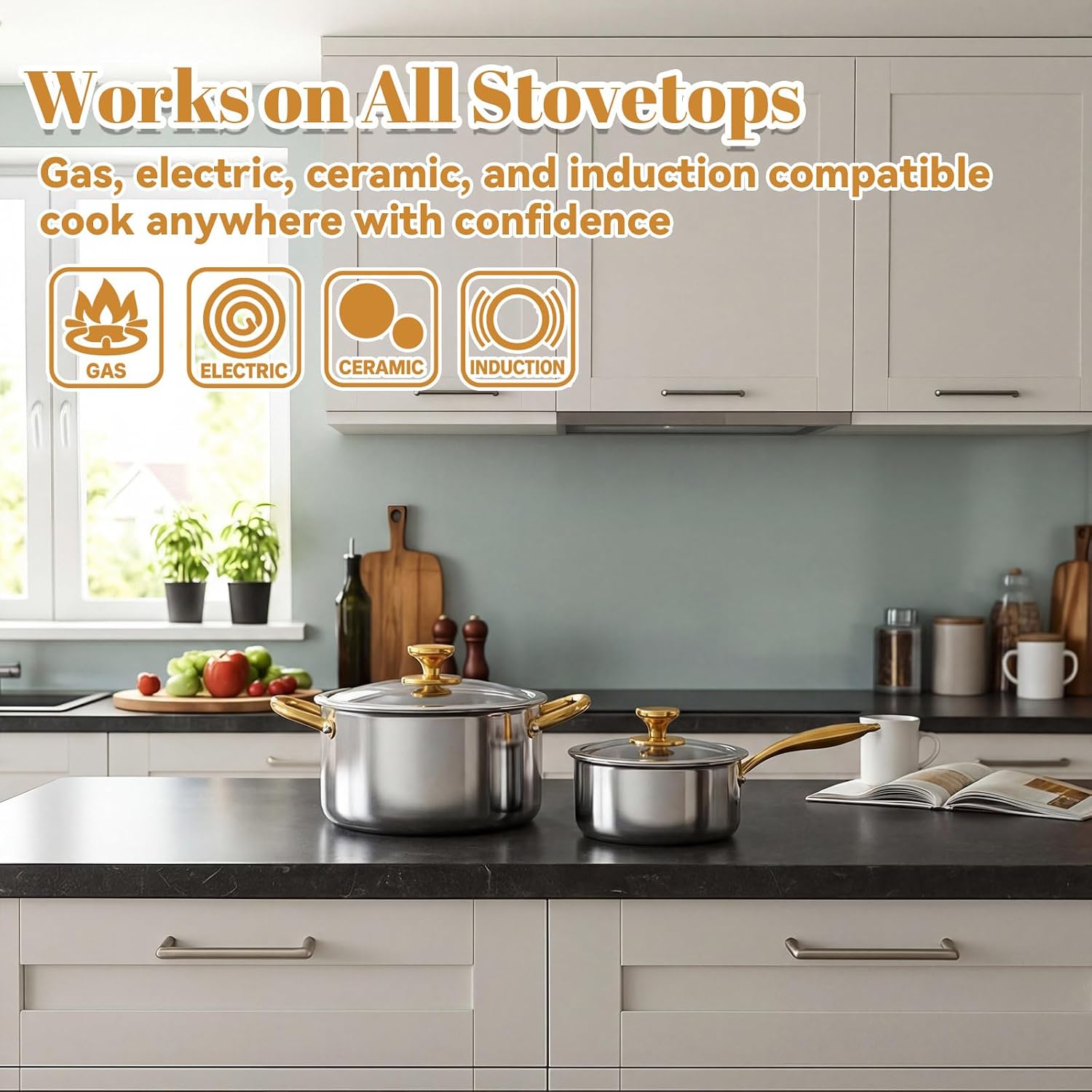 LemonRoad 2 Pieces Titanium Cookware Set, 7.68'' and 9.45'' Pots and Pans with Lids Triply Titanium No Coat Technology Safe for Oven, Induction and Cook Tops, Dishwasher Safe (Saucepans)