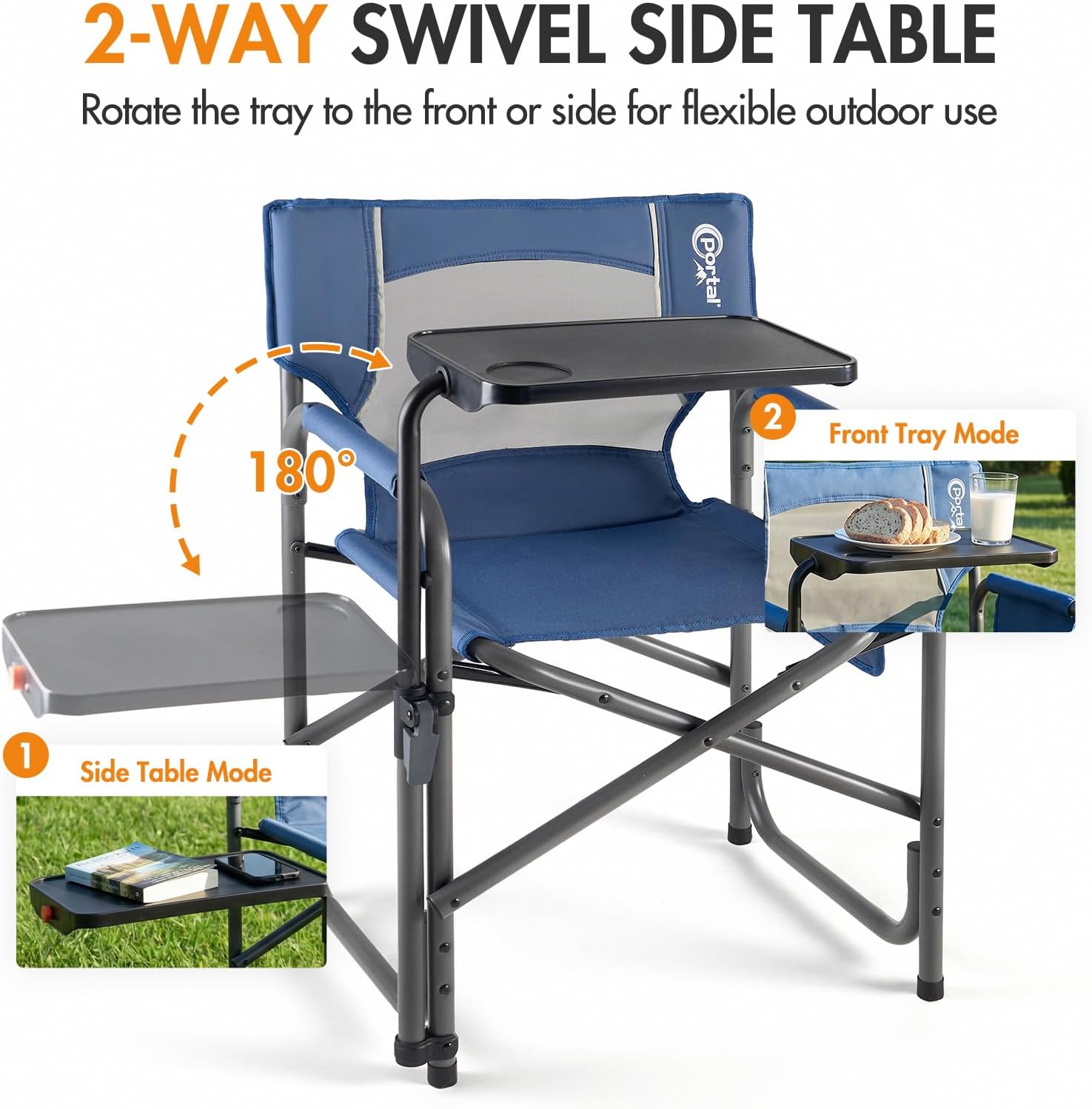 Portal Folding Director Chair with 2-Way Rotating Side Table, Heavy Duty 300 lb Camping Chair with Swivel Tray & Cup Holder, Ergonomic Mesh Back Portable Outdoor Seat for RV, Tailgating & Lawn, Blue