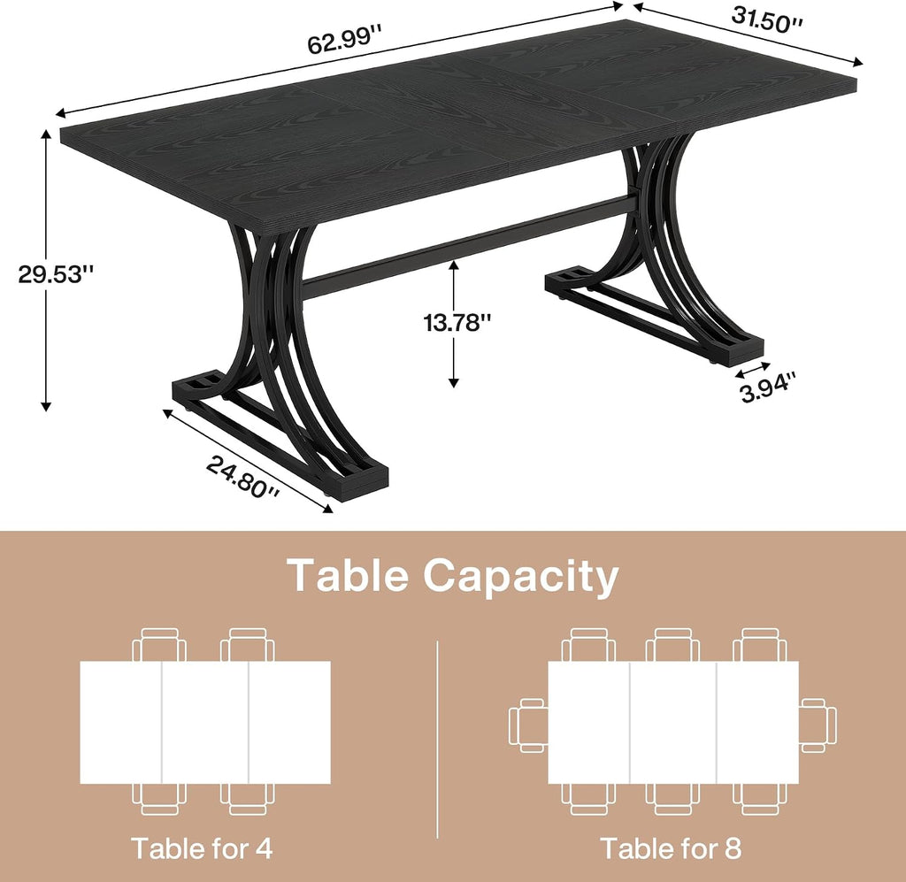 Tribesigns 63-Inch Rectangular Dining Table for 4 to 6, Modern Kitchen Tables with Stylish Metal Trestle Legs, Large Dinner Table for Dining Room, Only Table (Black)