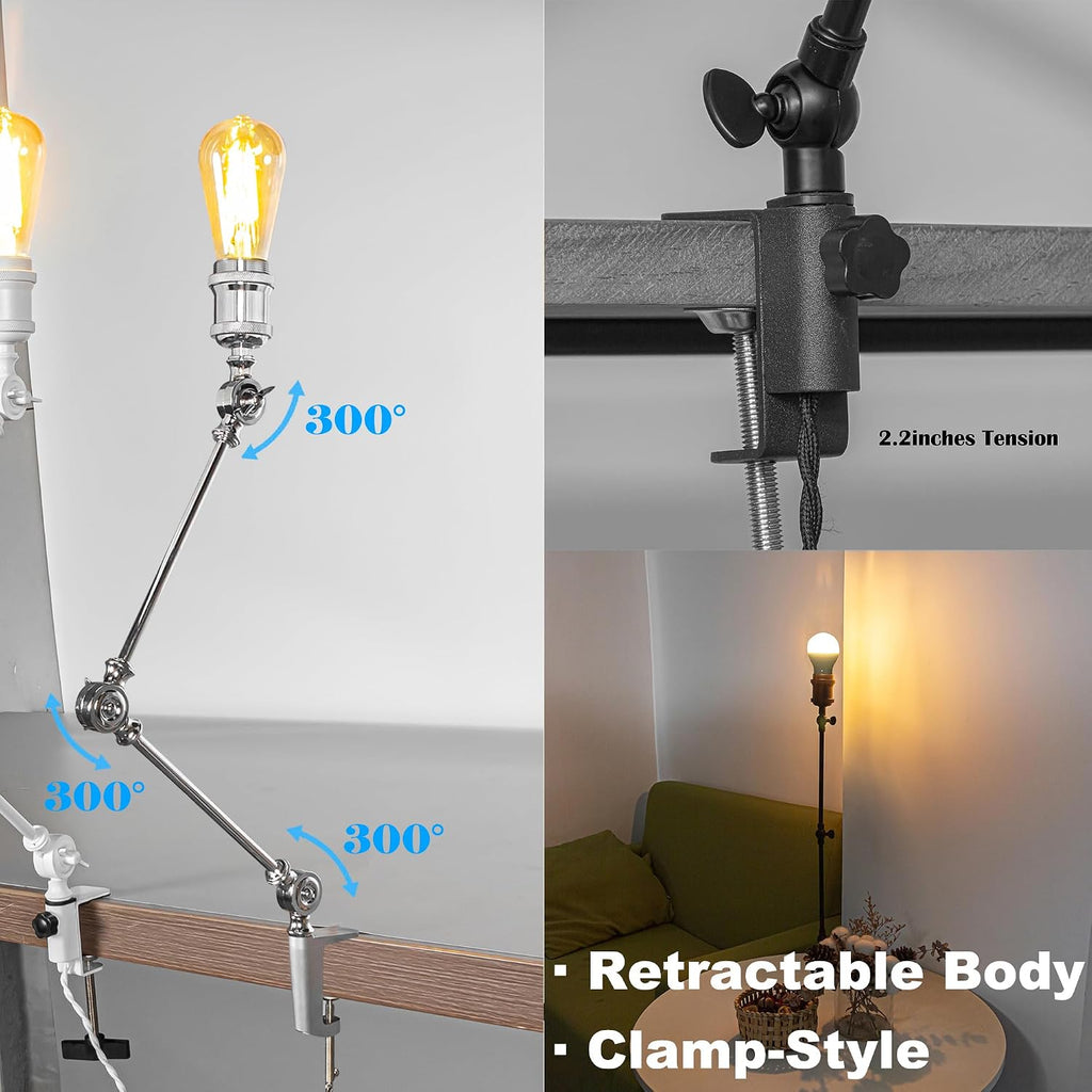 Kiven Dimmable Clamp Lamp, 1-Light Aluminum Nightstand Lamp with Flexible Swing Arm, Remote Control, Industrial Decorative Clip-on Desk Lamp for Bookshelf Office Bedside,Silver