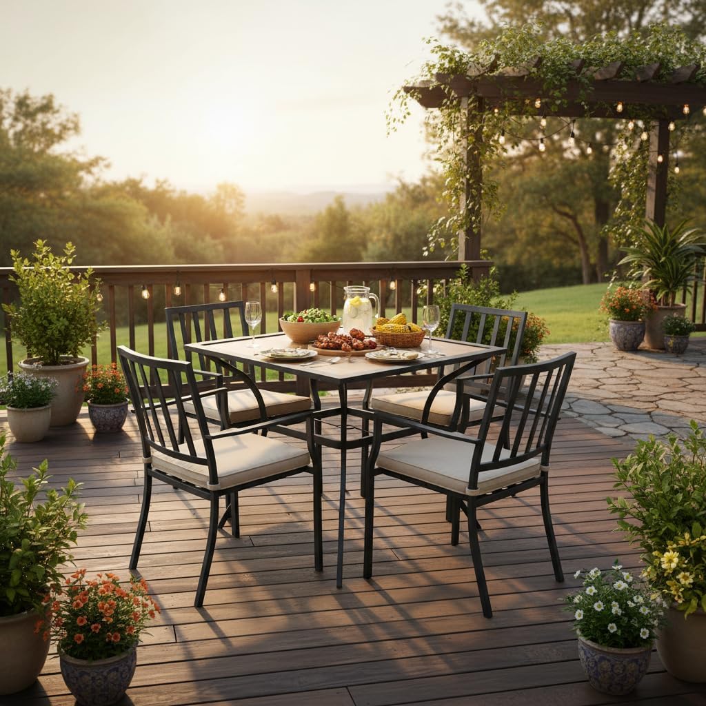 Tangkula Metal Square Patio Dining Table for 4, Heavy Duty Bistro Table with Adjustable Umbrella Hole & Wooden-Like Waterproof Tabletop, Outdoor Dinner Table for for Backyard, Deck, Lawn, Poolside