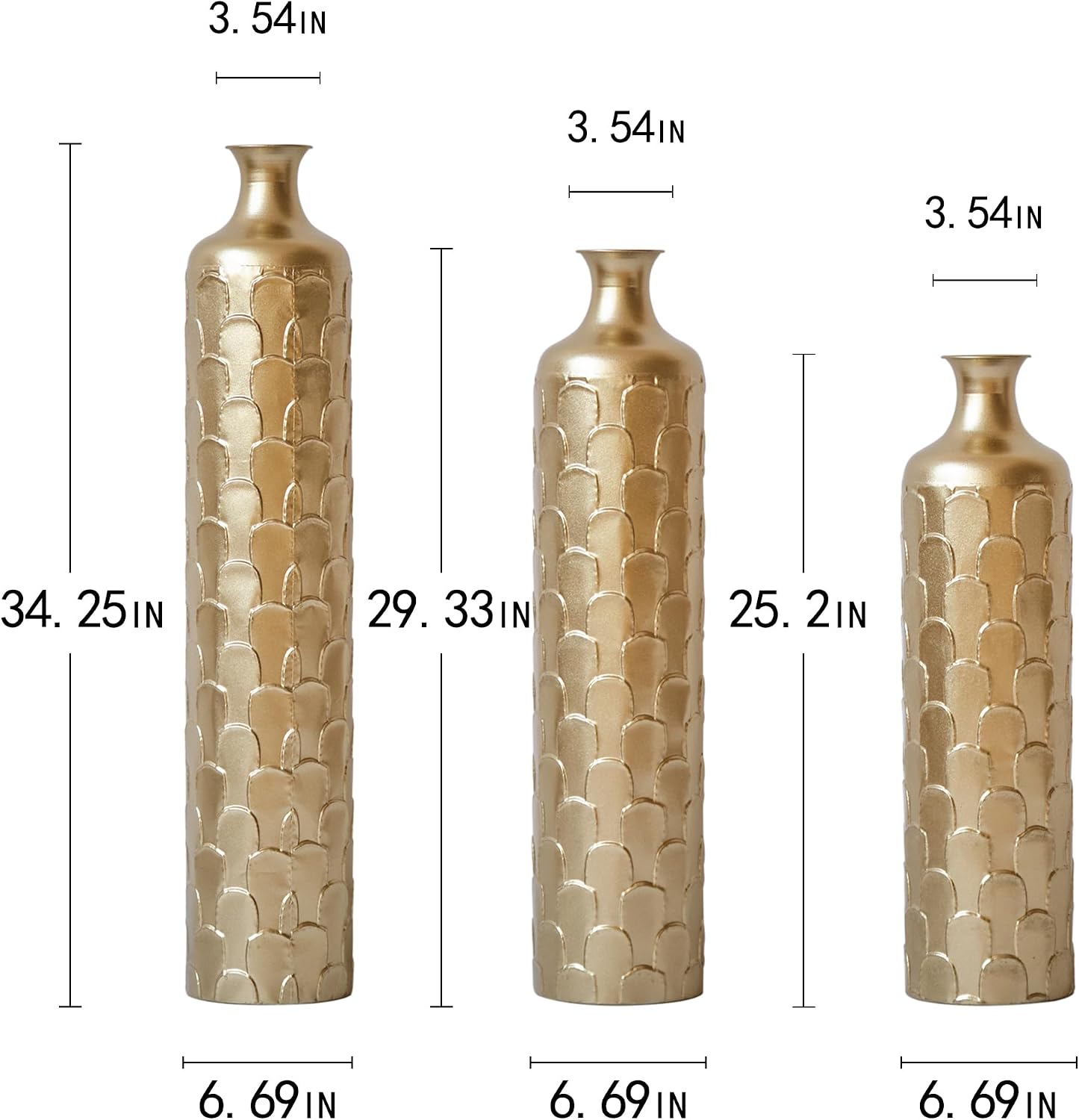 Floor Metal Decorated Vases Set of 3 for Gorgeous Home Decoration Large Glazed Metal Vases (Gold)