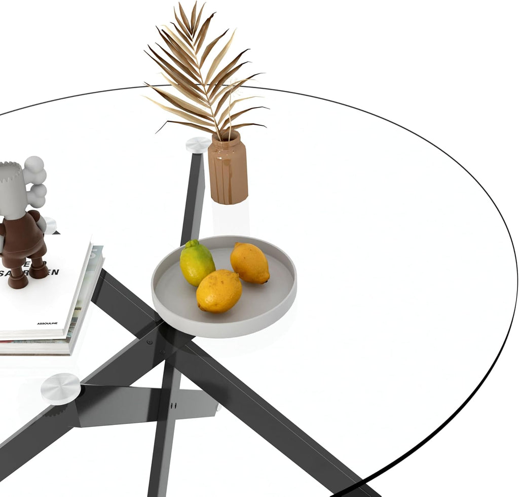 47.25' Round Dining Table for 6, Modern Clear Glass Kitchen Table for 6 with Black X Metal Legs, Contemporary Small Circle Dining Room Leisure Tables for Kitchen Apartment