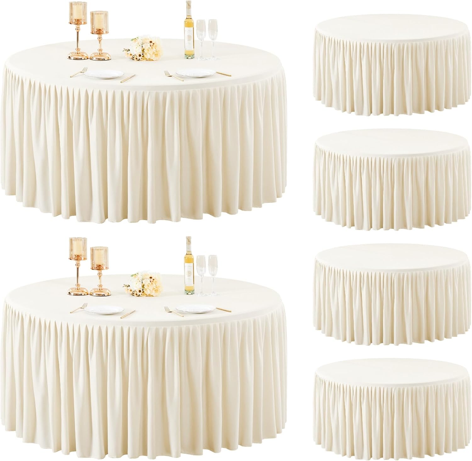 6 Pack Ivory Spandex Round Tablecloths for 48 inch Tables, Stretchy Fitted 4FT Round Table Clothes,Wrinkle Free Table Cover with Skirt for Wedding Party Dining Banquet Graduation Decorations