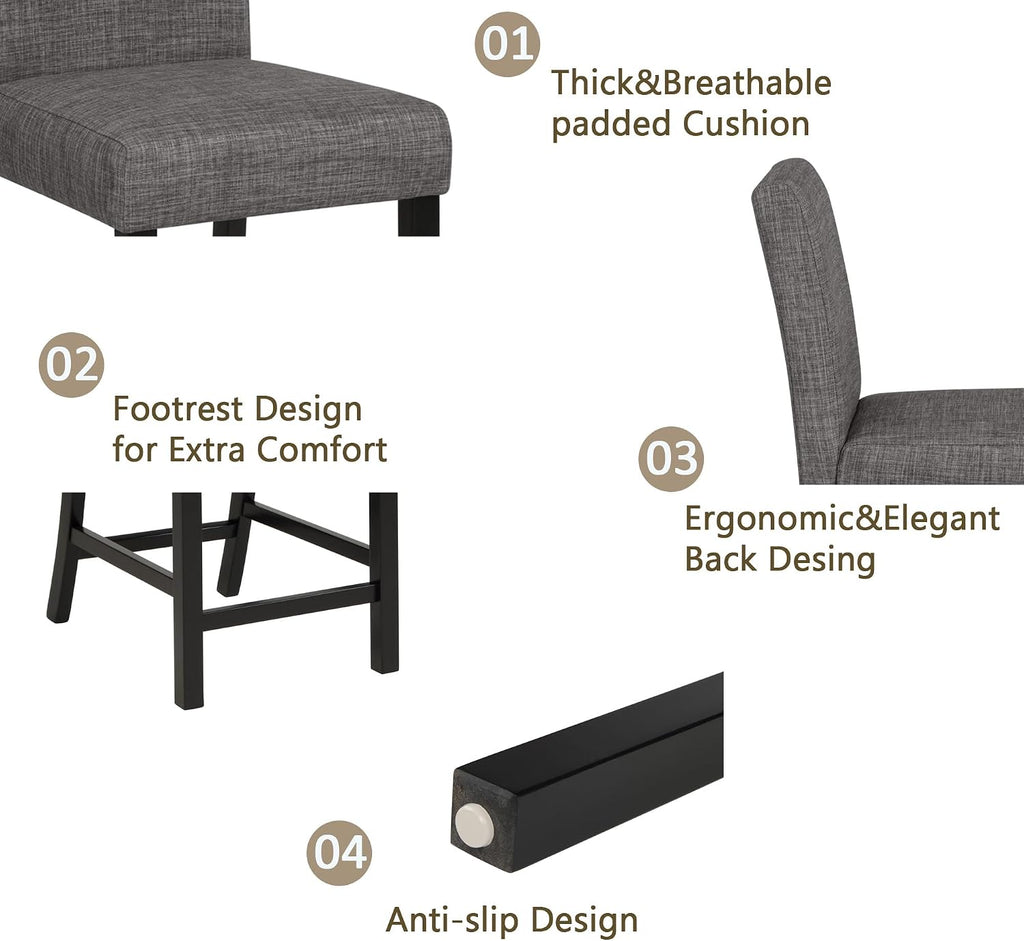 KEIKI 5-Piece Counter Height Dining Table Set with Square Table and 4 Upholstered Curved Backrset Chair, for 4 Person, Modern Wooden Table Set, Easy Assembly, for Kitchen, Dining Room, Black+Gray