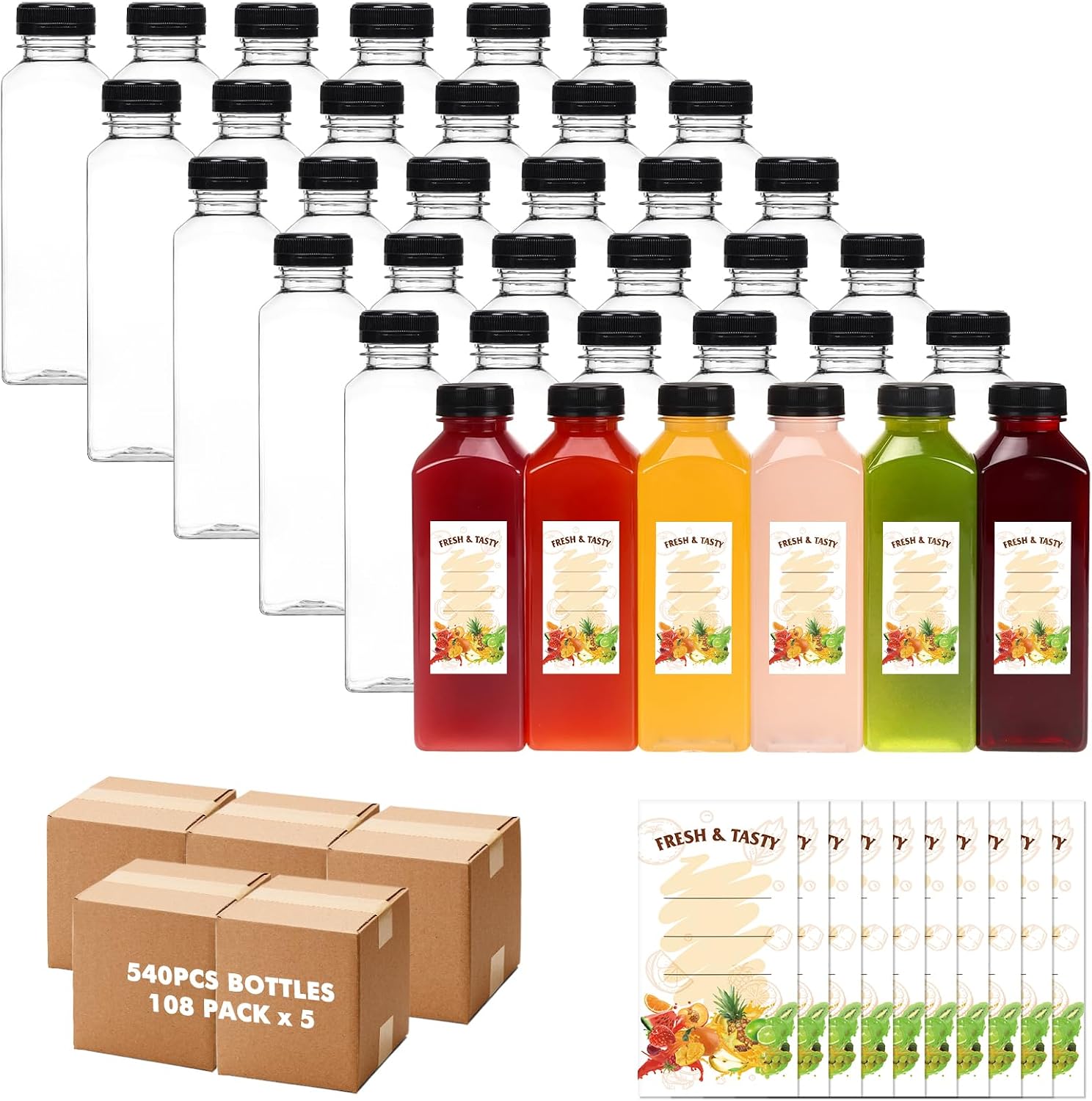 BAKHUK 540pcs 16oz Empty Plastic Juice Bottles with Caps, Plastic Water Bottles with Lids, Reusable Clear Bulk Beverage Containers for Juice, Milk and Other Beverages(5 Package)