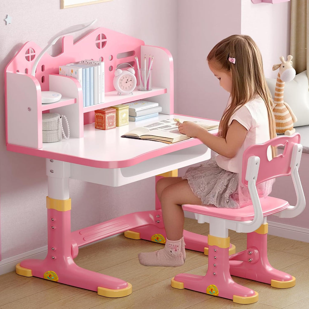 Kids Desk and Chair Set, Height Adjustable Child's School Study Writing Tables, Kids Desk with Bookstand and Storage Drawer, Widened Desktop with Desktop for Boys and Girls